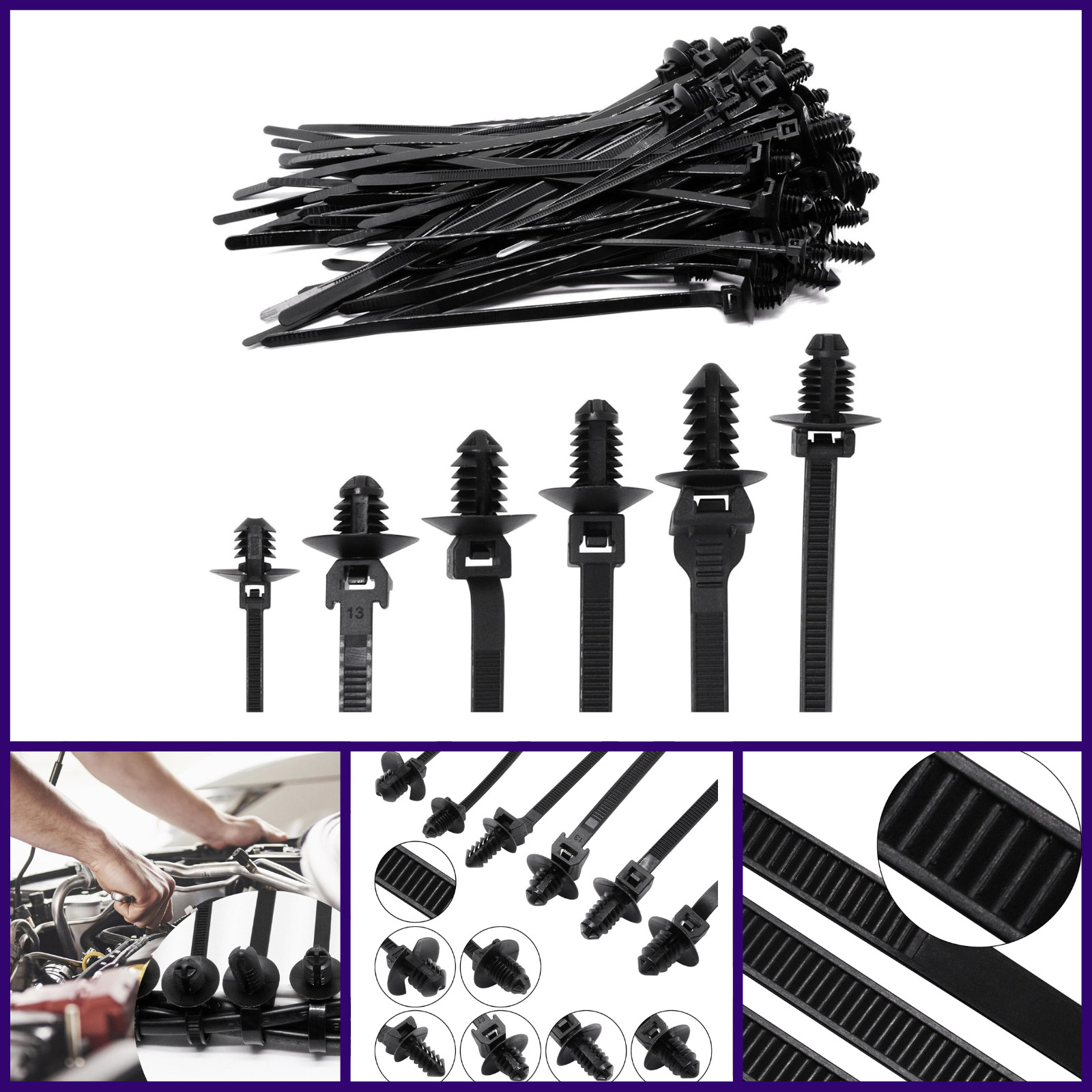 60PCS Push Mount Zip Ties Nylon Automotive Cable Ties Wire Harness Clips 6 Types