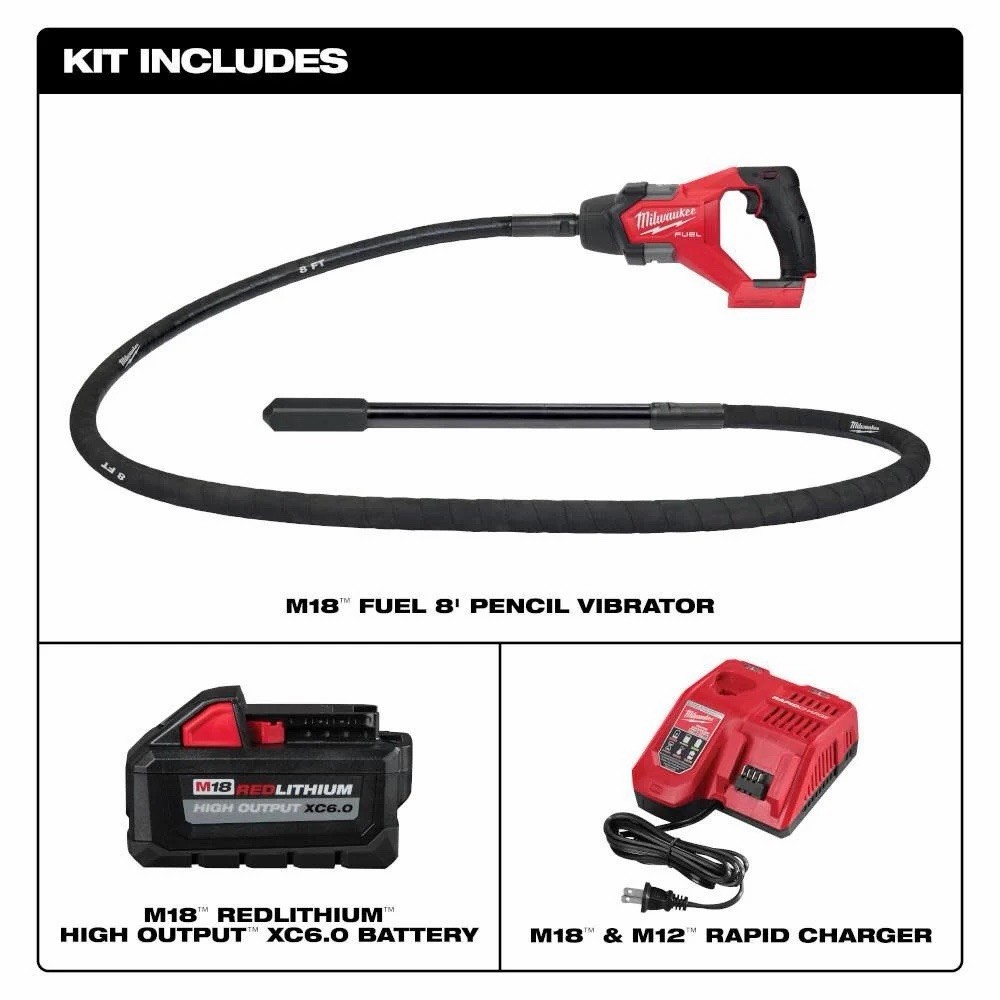 Milwaukee 2911-21 M18 FUEL 18V 8′ Cordless Concrete Pencil Vibrator Kit