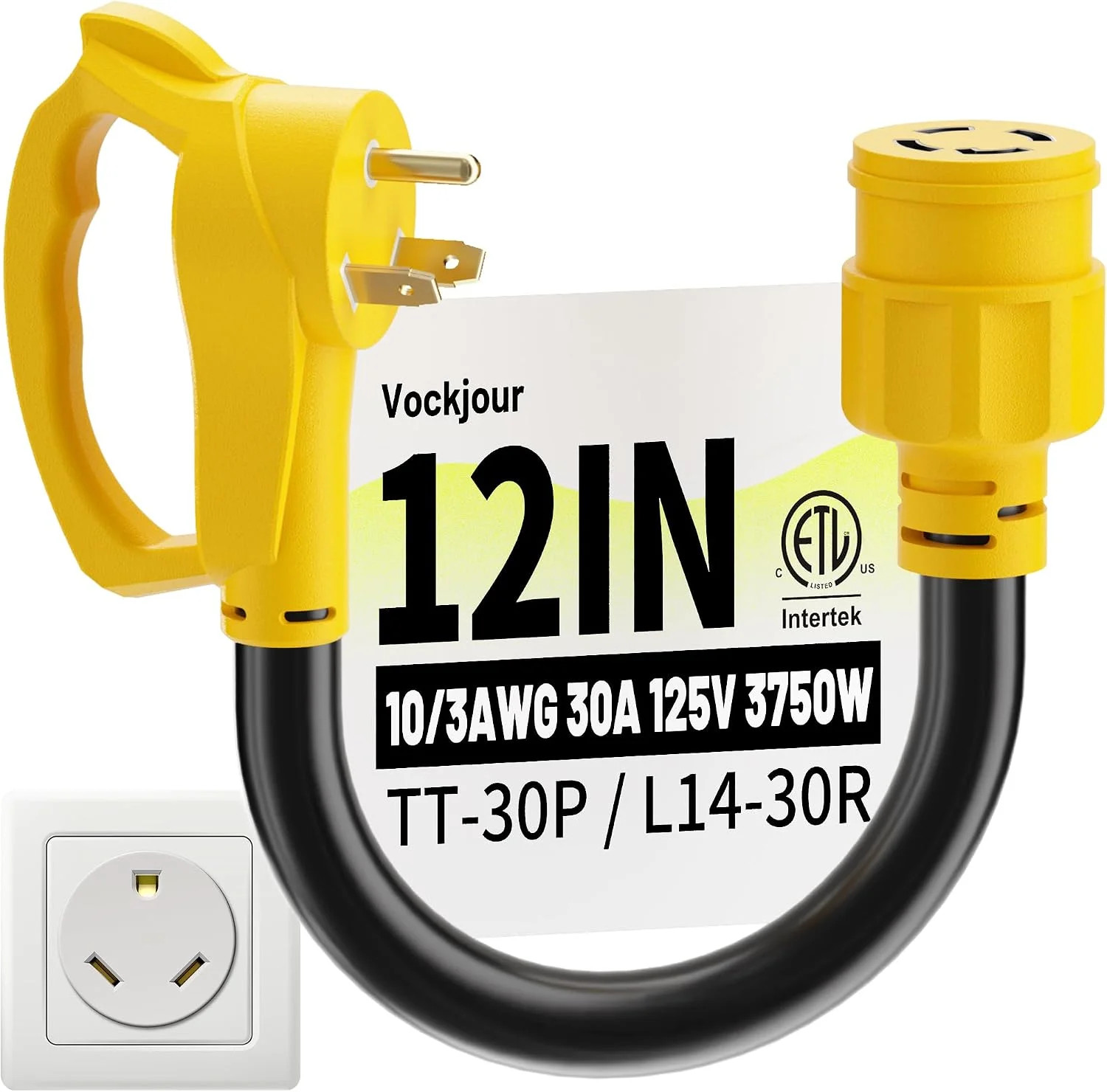 30 Amp to 30 Amp RV Generator Plug Adapter 12 Inch, NEMA TT-30P Male to NEMA L14