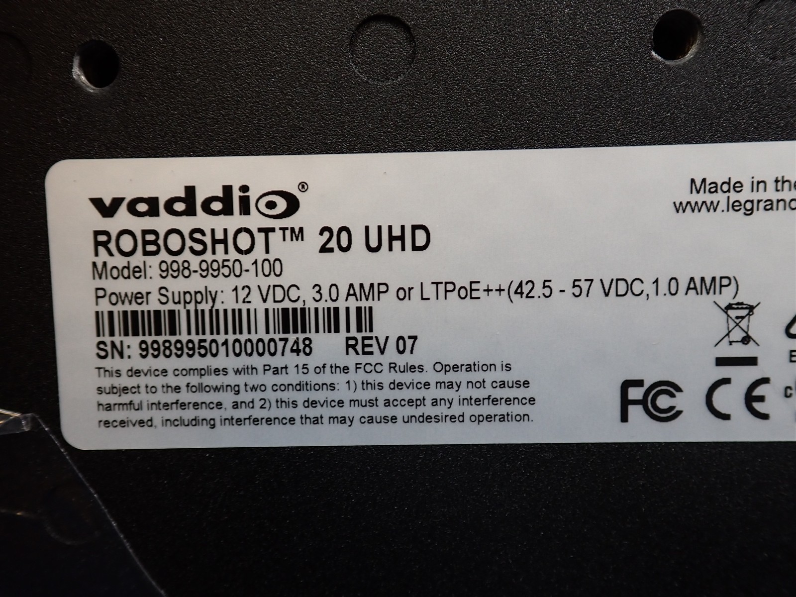 Vaddio 999-9950-000 RoboSHOT 20 UHD PTZ Camera Silver (R2)