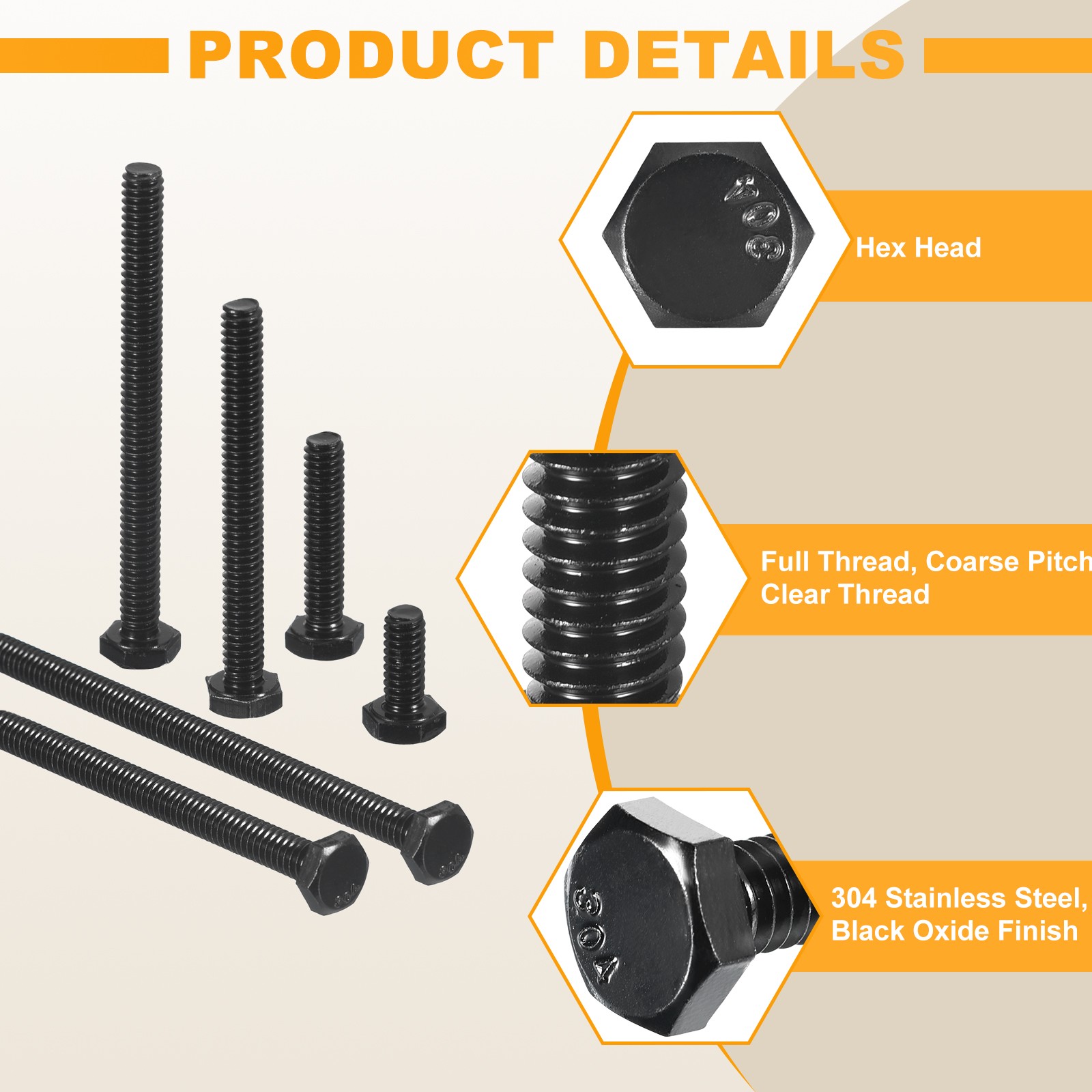 10Pcs 5/16-18 x 1/2″ Hex Head Bolts, 304 Stainless Steel Hex Head Screw, Black