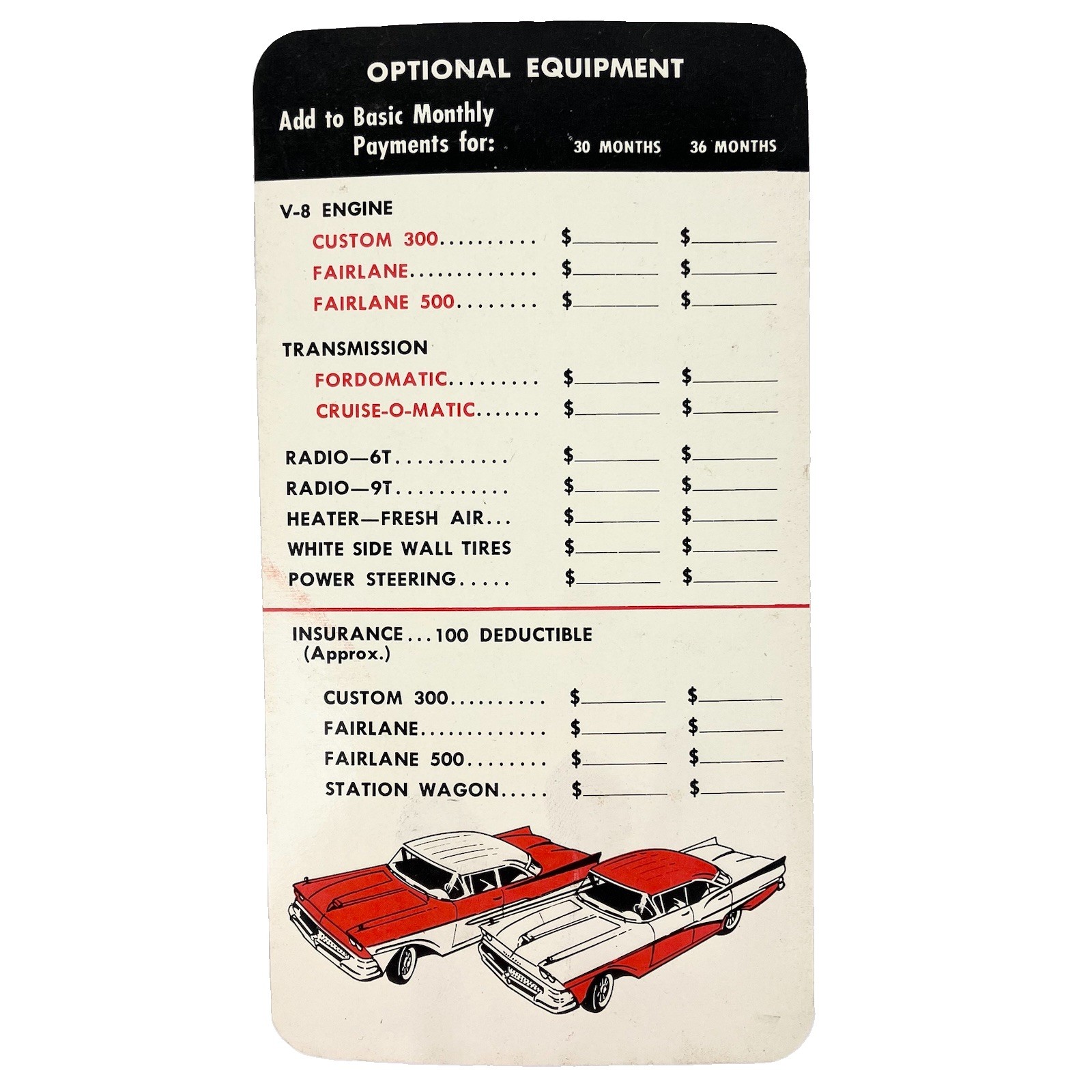 OEM 1958 Ford Optional Equipment Payment Salesman Brochure Promo Features FOMOCO