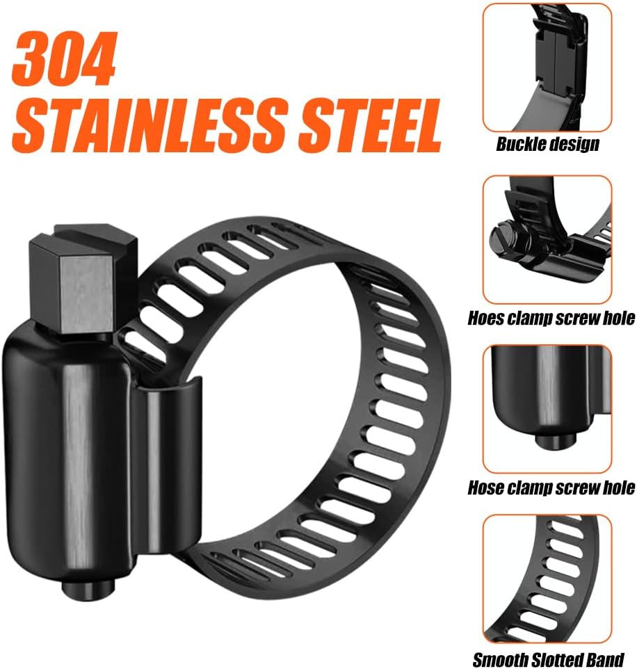 Black Hose Clamp 3/4″- 1-1/2″(21-38mm)304 Hose Clamps Stainless Steel Adjustable
