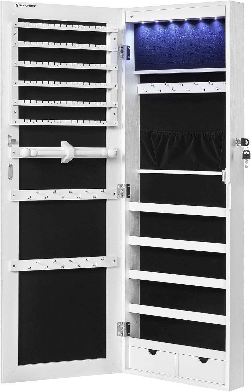 Wall-Mounted Cabinet with LED Interior Lights Door-Mounted Jewelry Organizer