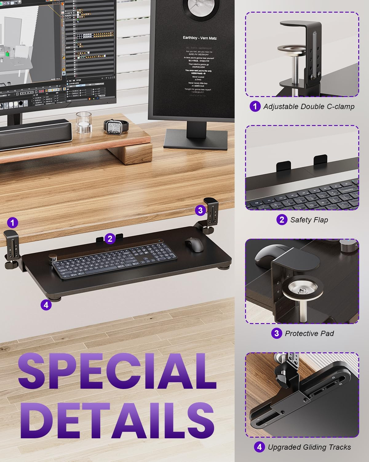Ergonomic Keyboard Tray under Desk, Pull Out with Adjustable C-Clamp, 25.6 (31.5
