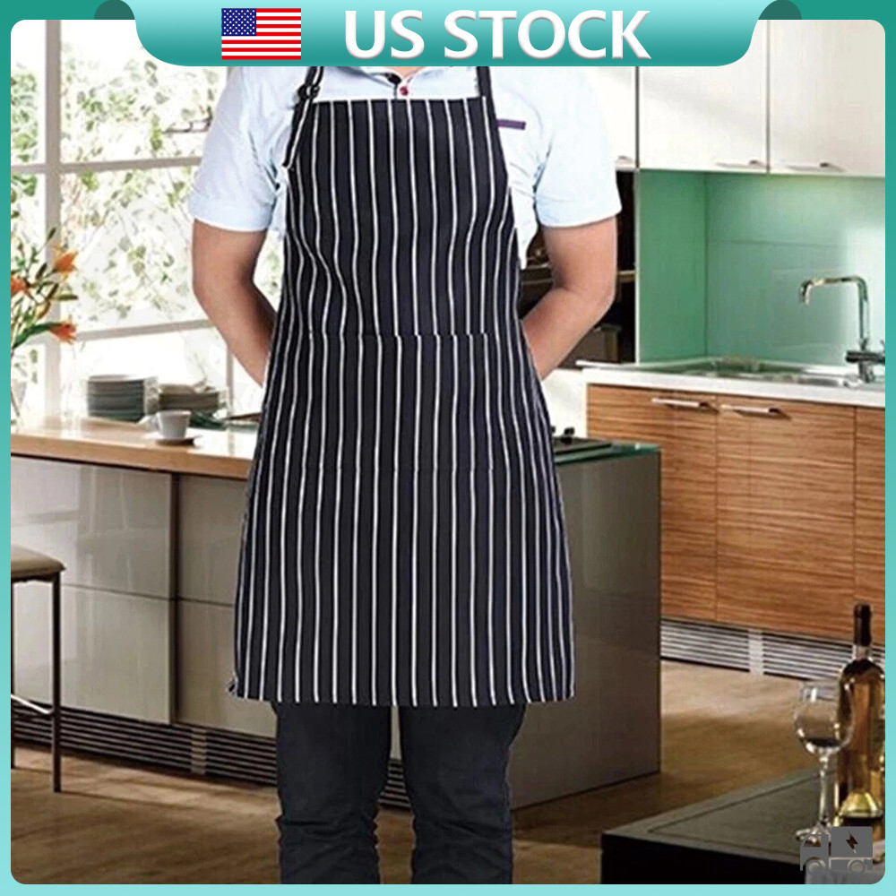 Adjustable Chef Apron with Two Pockets Striped Kitchen Bib For Men and Women