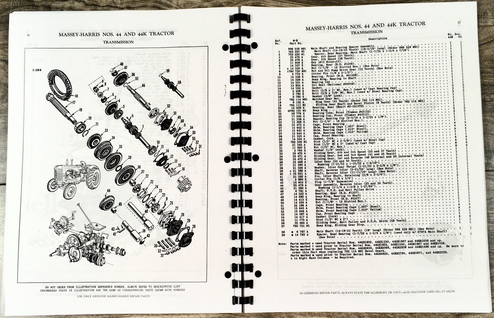 Massey Harris 44 44K Gas Tractor Parts Manual Catalog Book Assembly Schematics
