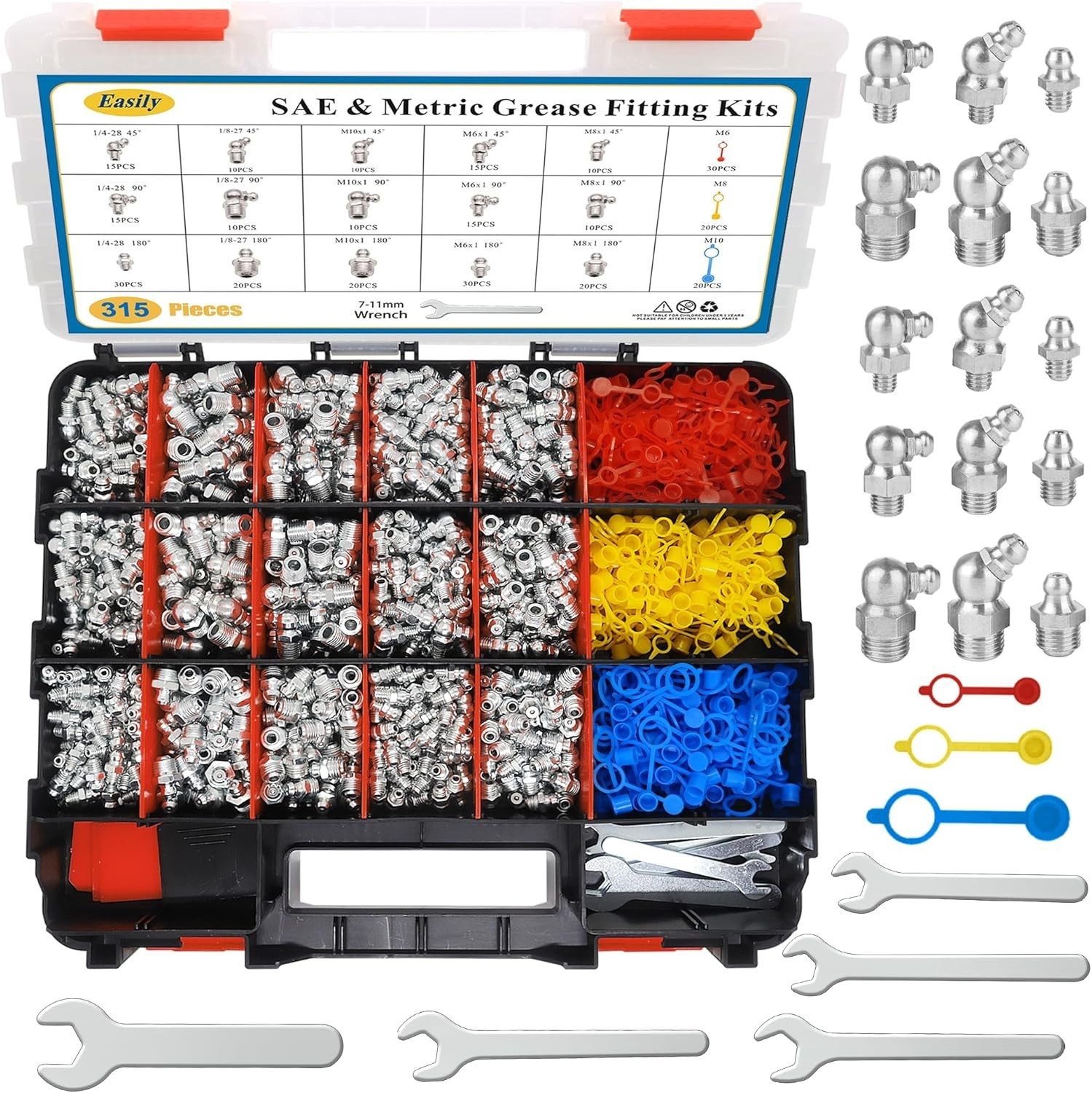315 PCS Grease Fittings Assortment, SAE & Metric Zerk Grease Fittings Straigh…