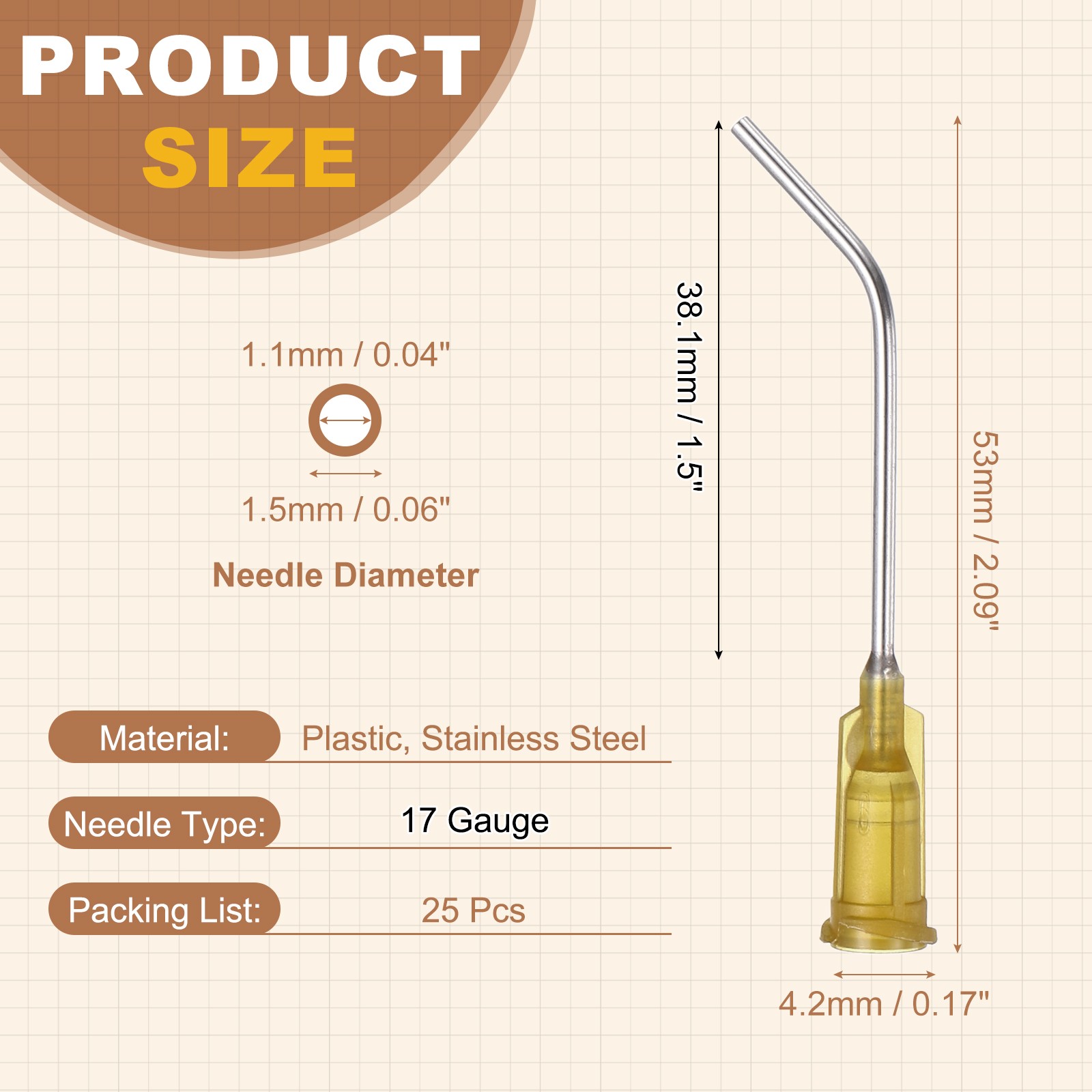 25Pcs 1.5Inch 17Ga 45° Angled Dispensing Needles Dark Yellow