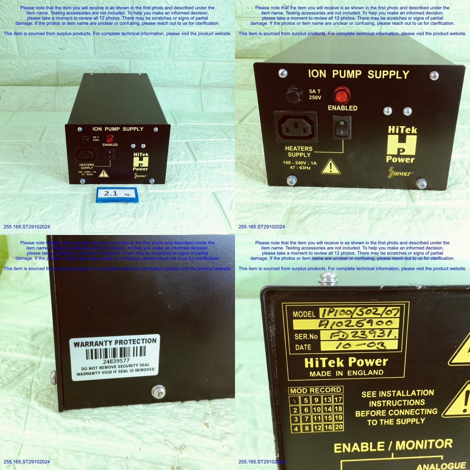 HiTek Power IP100/502/07 A1025900, ION PUMP SUPPLY as photos, SN:9577, FedExDHL