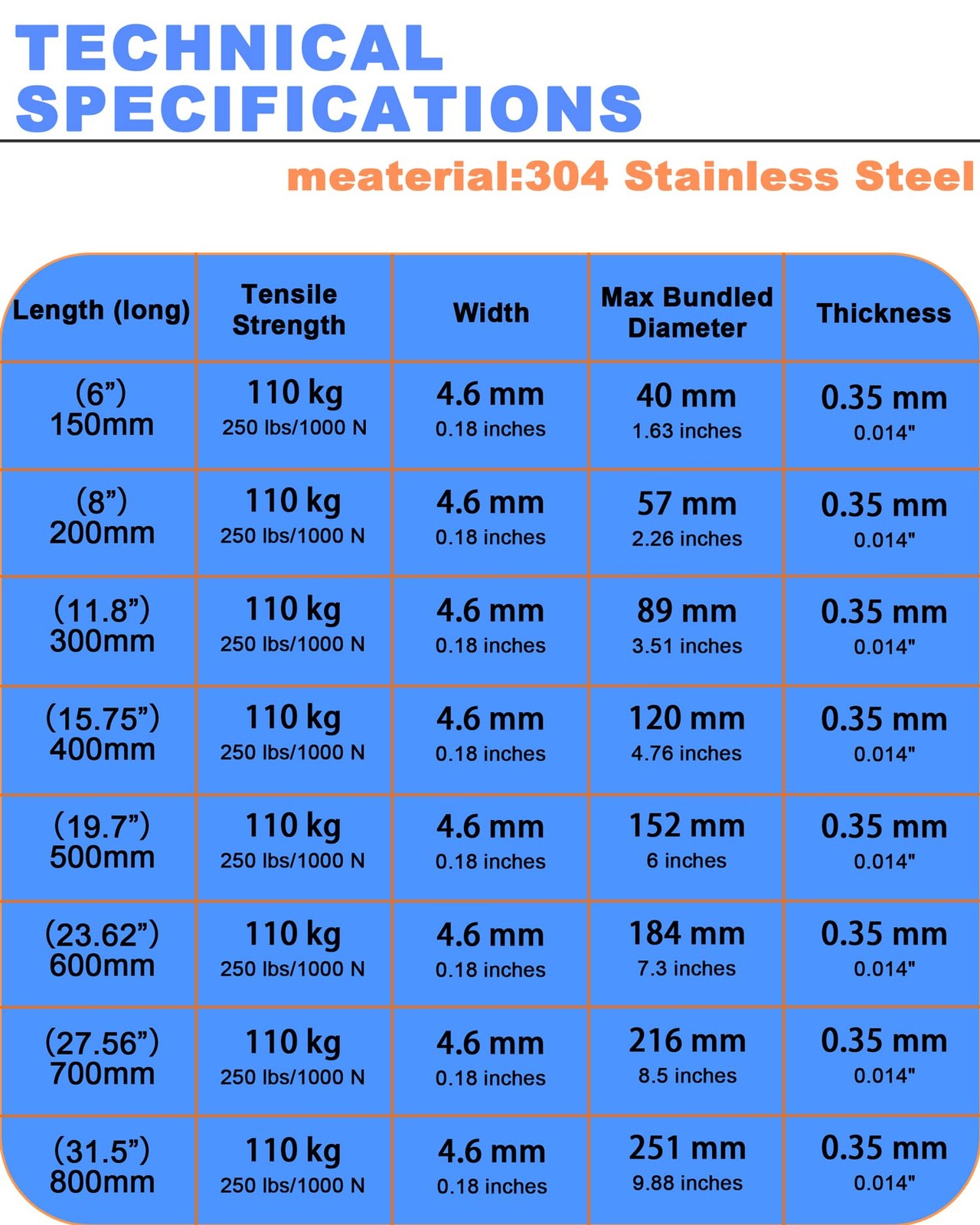 Metal Zip Ties of 100 Pcs, 6 IN 304 Stainless Steel 150mm( 6 inches ), Silver