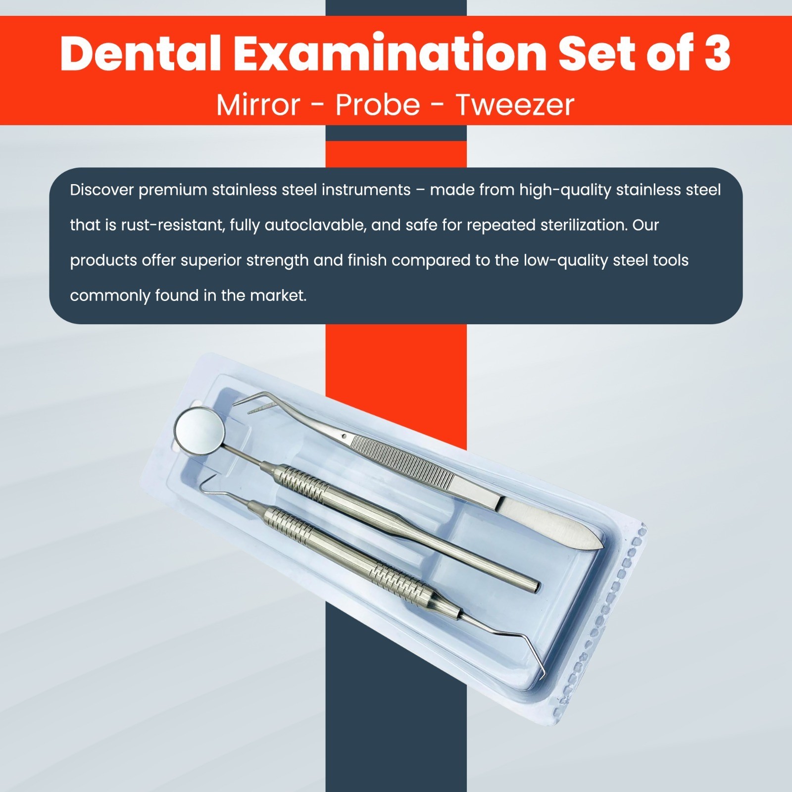 Basic Examination Dental Diagnostic Kit 3 Pcs Thick Soft Grip Premium Handle
