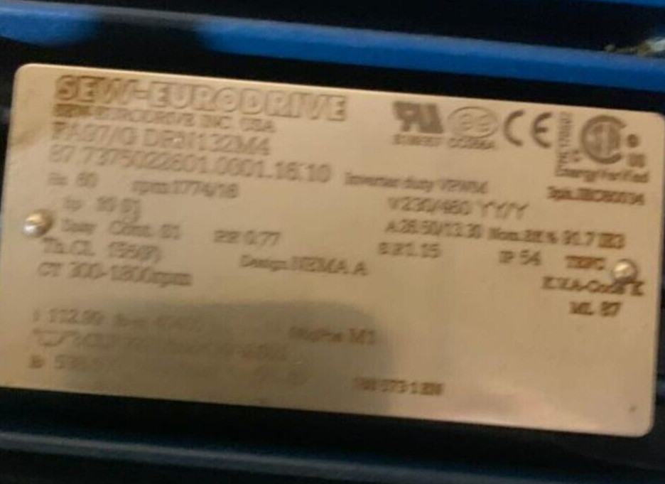 Sew Eurodrive GEAR MOTOR FA97/G DRM132M4 10 HP 230 / 460 VOLT 1774 / 16 RPM