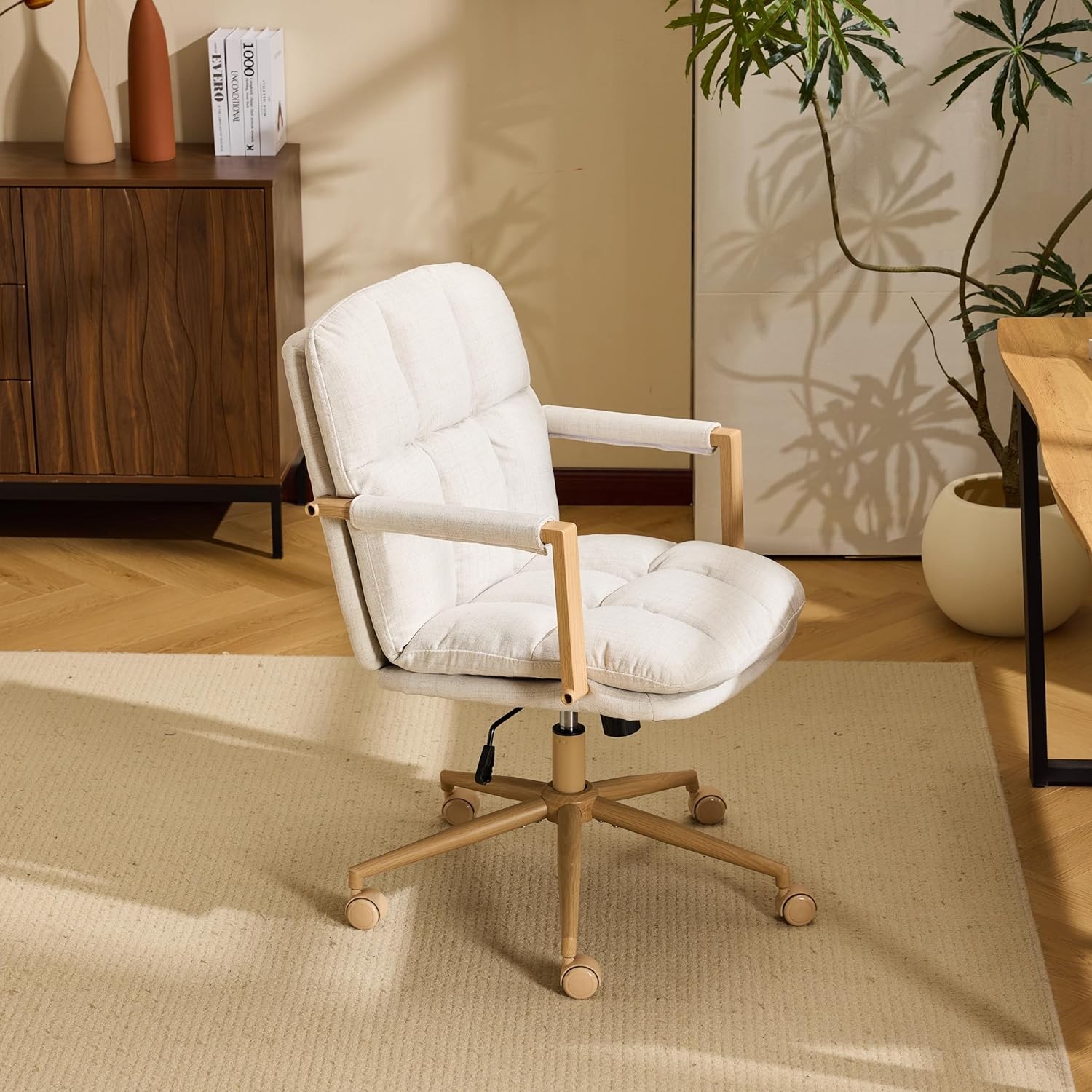 Comfy Linen Office Desk Chair with Wheels & Detachable Cushions & Wood-Like