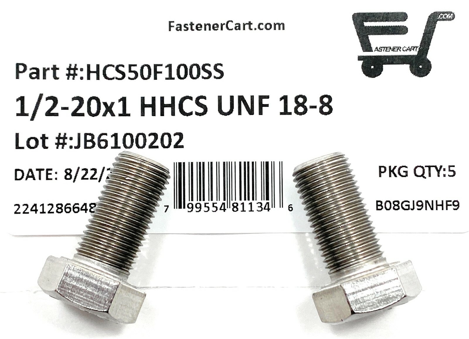 (5) 1/2-20×1 Stainless Steel Hex Cap Screws Hex Bolts (UNF) FINE THREAD