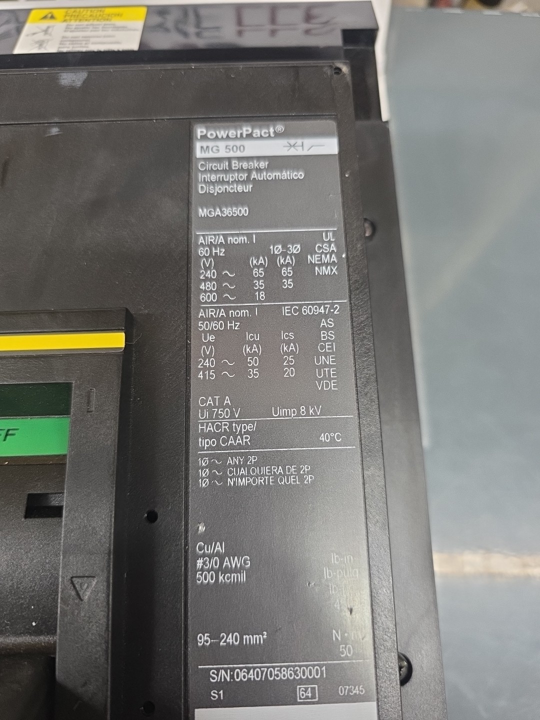 Square D MGA36500 I-Line Circuit Breaker 500A 3P 600V MGA 500 Amp 3 Pole