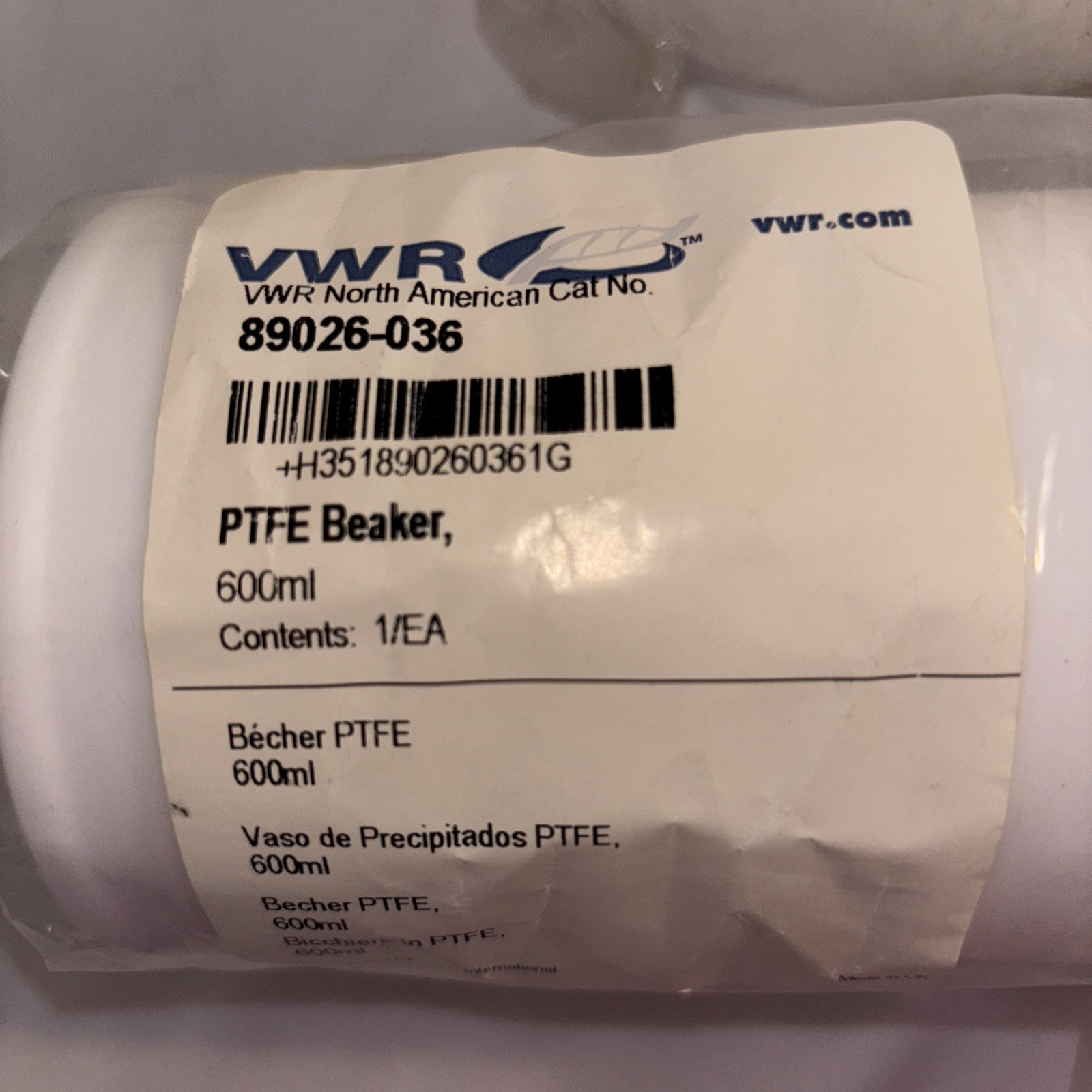 4 Brand New VWR PTFE Teflon Beakers 2-1000ml, 1-600ml, 1-400ml