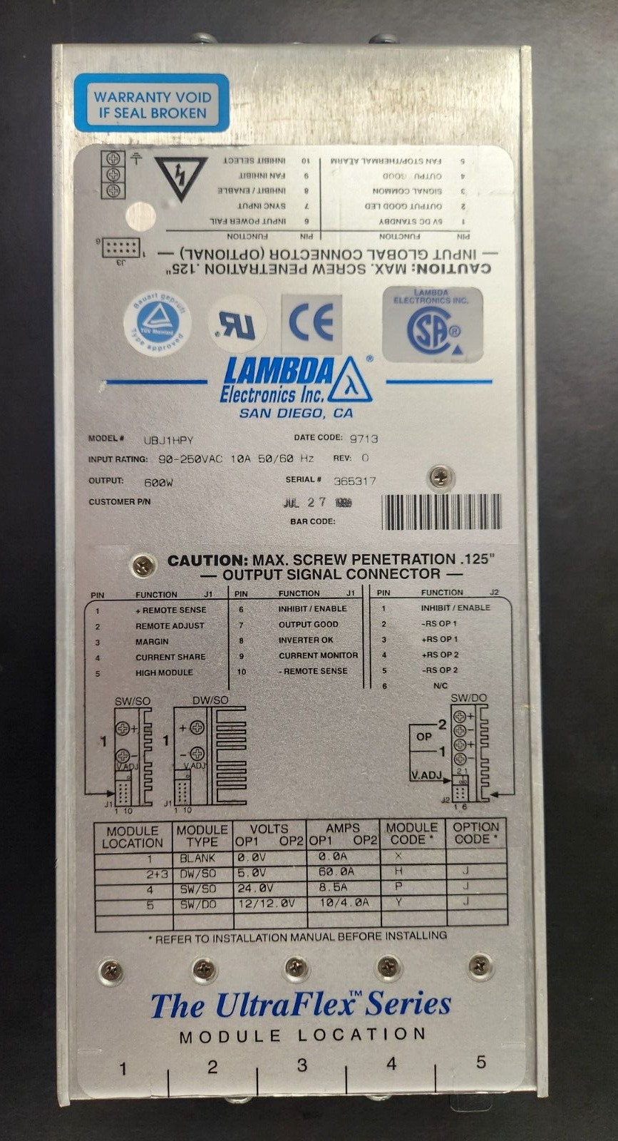 Lambda Electronics (UBJ1HPY) 600W Power Supply 90-250VAC 10AMP 50/60Hz *TESTED*