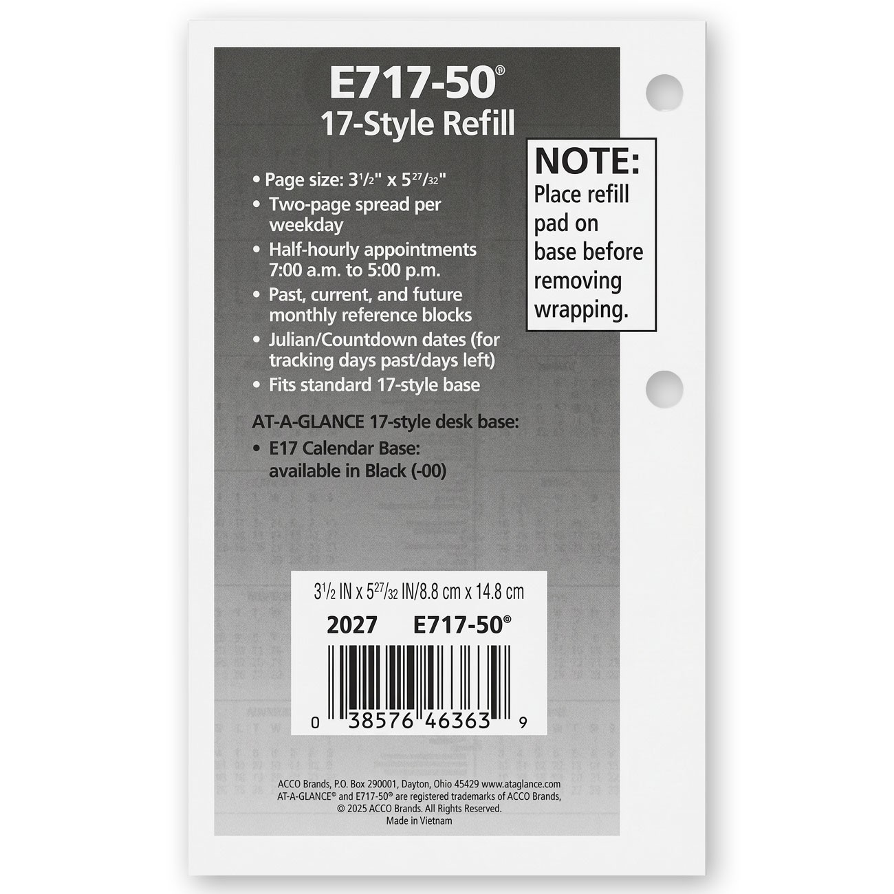 2026 At-A-Glance E717-50 Daily Calendar Refill, 17-Style, 3-1/2 x 6″