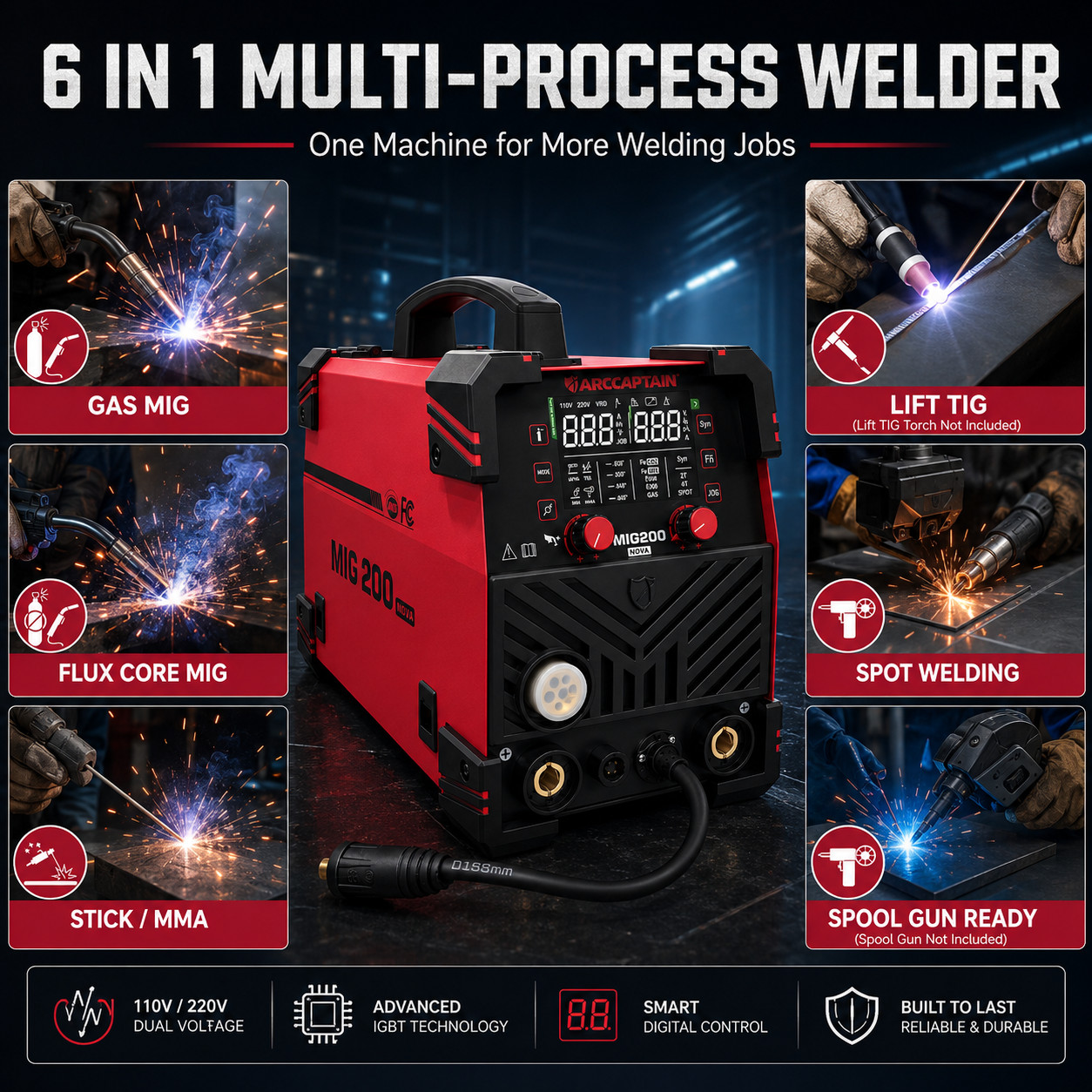 ARCCAPTAIN MIG200NOVA MIG Welder 6 in 1 Gas/Gasless MIG/Stick/Lift TIG Aluminum