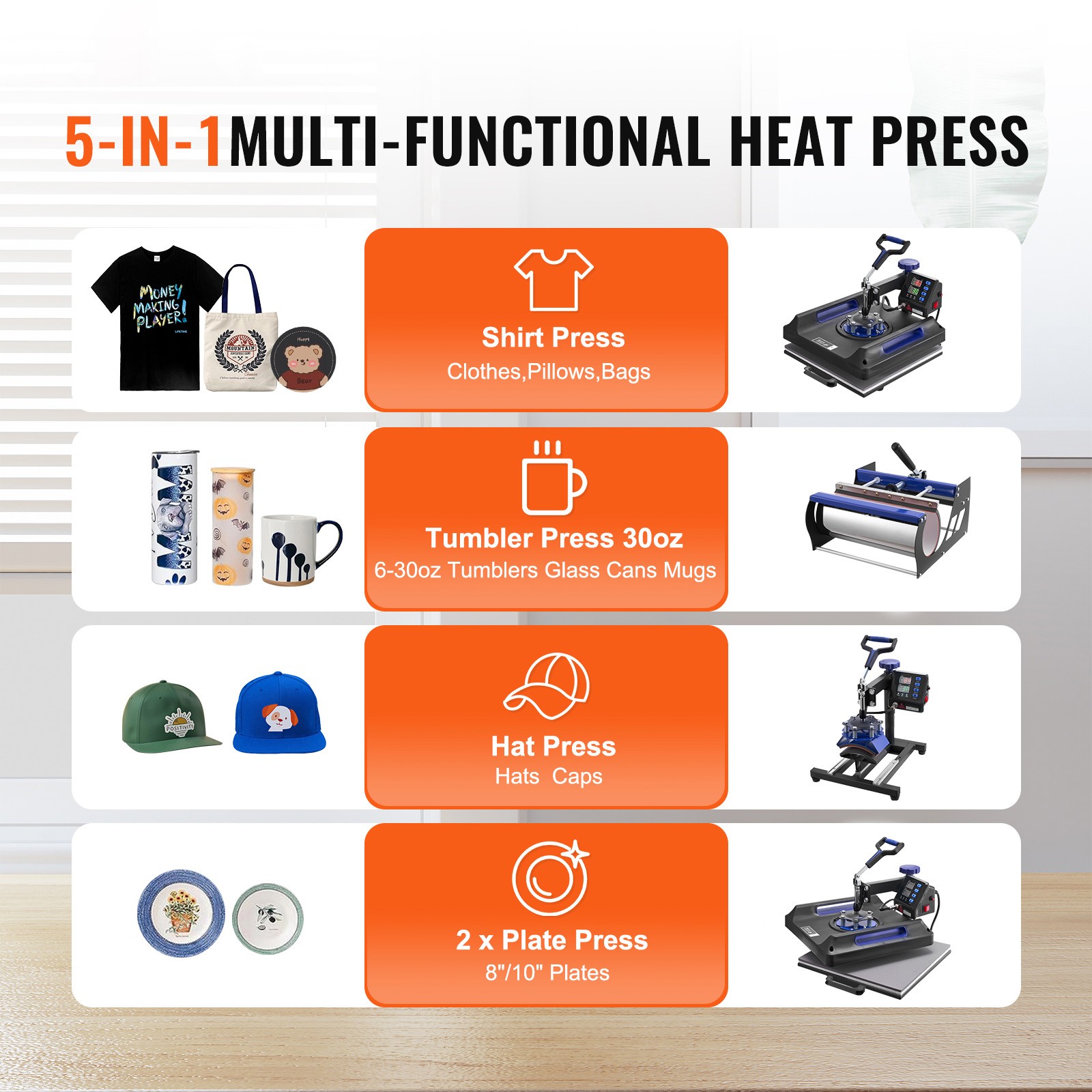 VEVOR Heat Press Machine 15×15 in with 30oz Tumbler Press T-Shirts Black+Blue