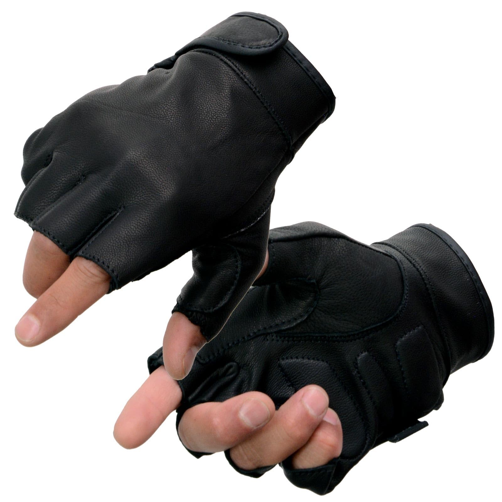 MG7585 Men’s Black Leather Gel Padded Palm Fingerless Motorcycle Hand Gloves w/F