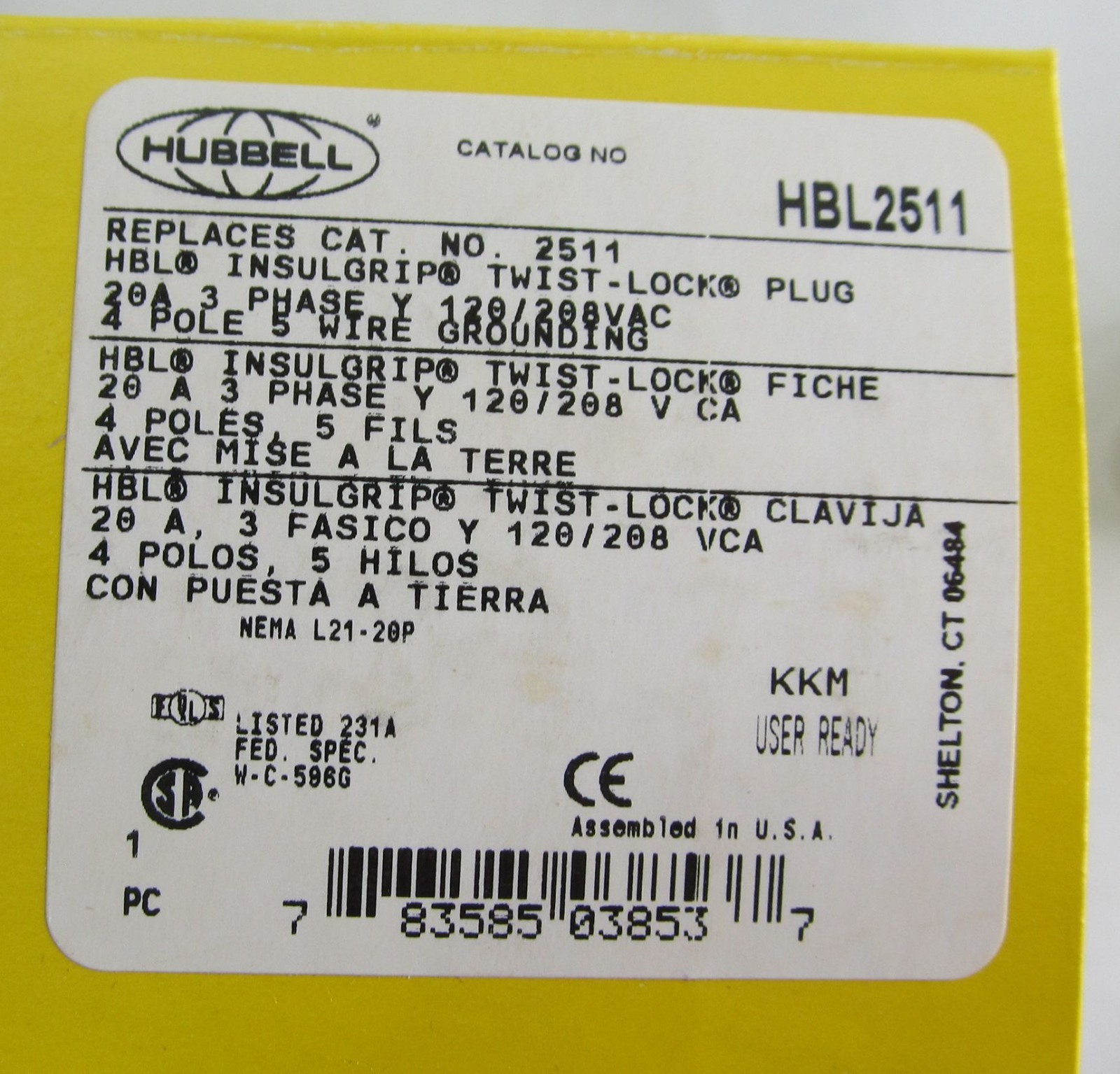HUBBELL HBL2511 INSULGRIP TWIST-LOCK PLUG 4-P 5-WIRE 20A 3-PH 120V/208V L21-20P