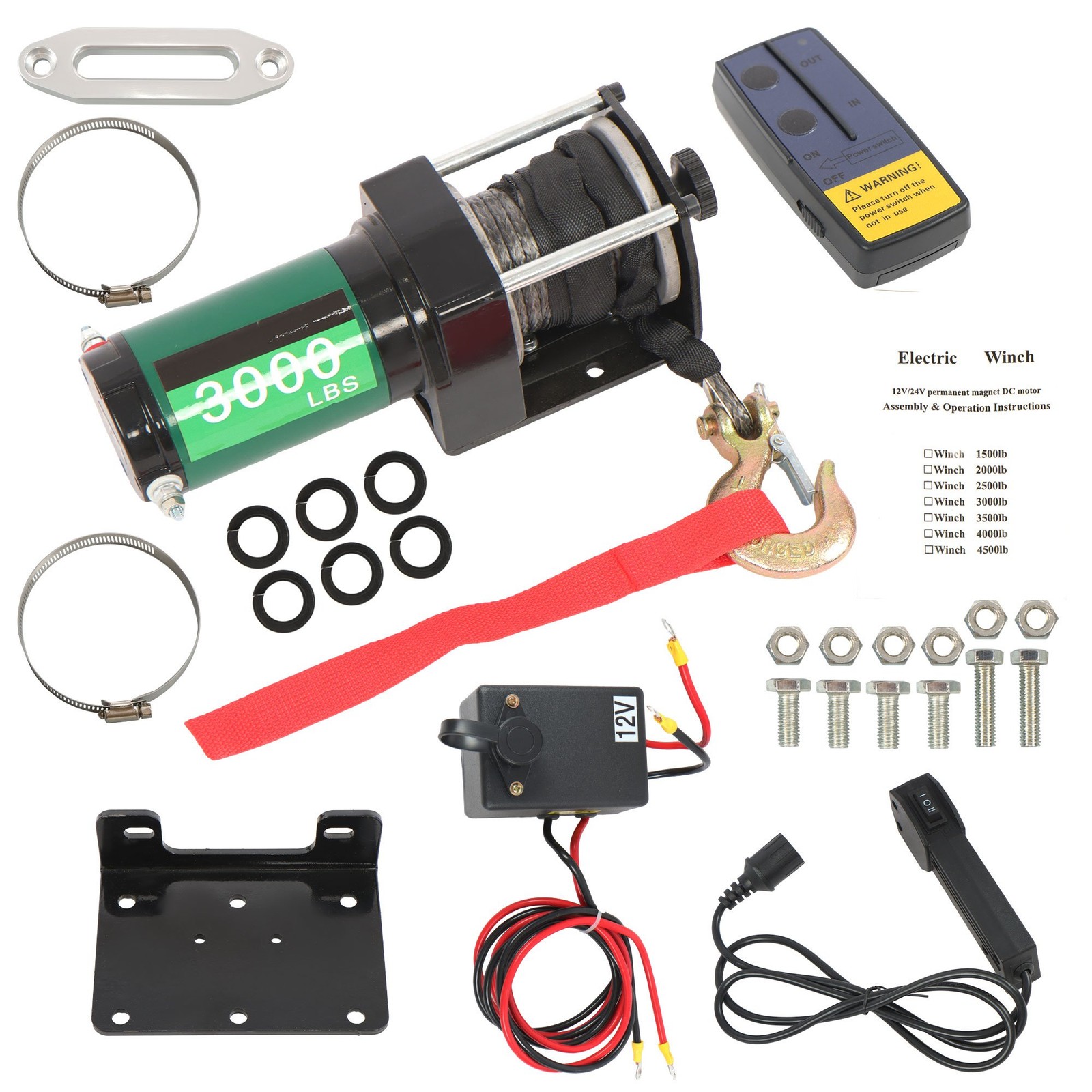 12V 3000LBS 1.3HP Electric Winch 32ft Synthetic Rope Wireless & Wired Remote