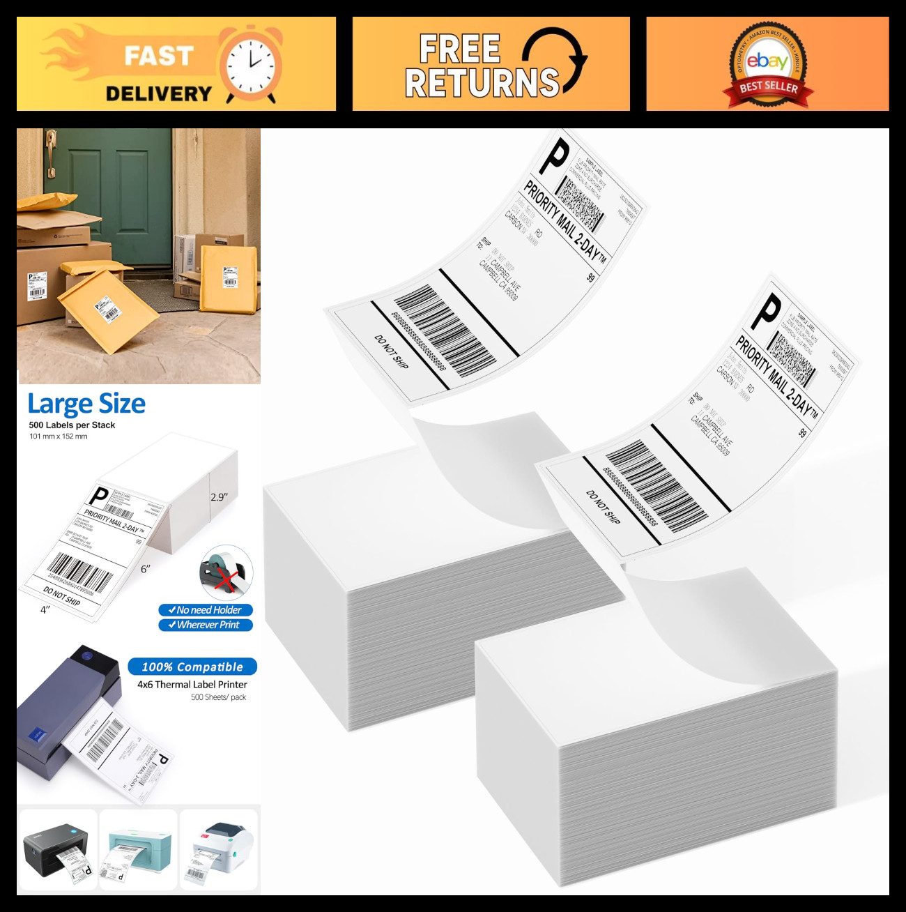 1000 Fanfold 4″x6″ Direct Thermal Shipping Labels – 500 Labels/Stack for UPS USP