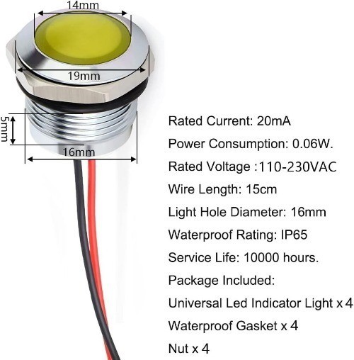 Energy Saving Indicator Light 110V 230V AC 20mA Yellow LED Water Color: Yellow