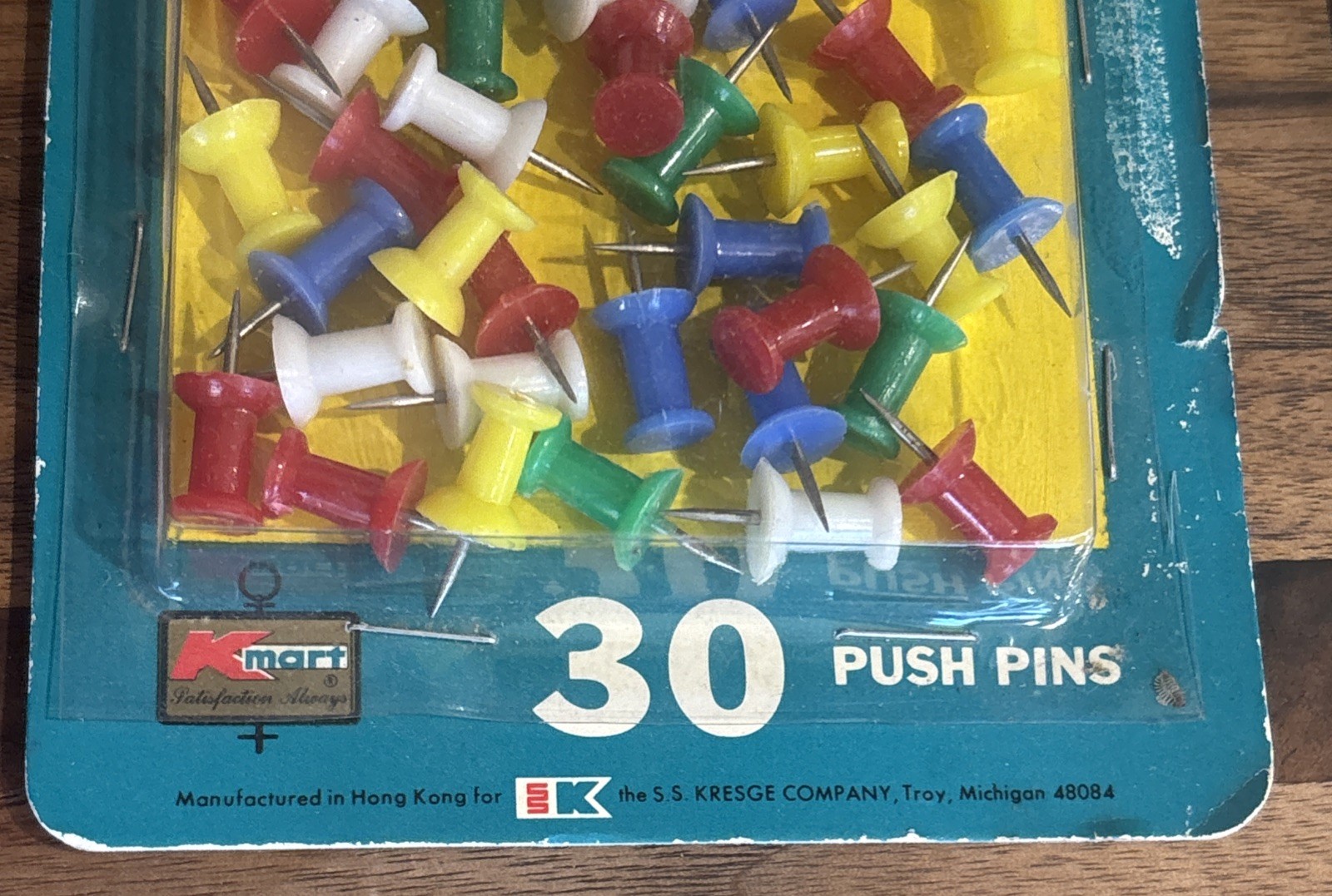 Vintage Kmart Push Pins 60 Ct (2×30) Hong Kong NOS 1970s Office Supply Sealed