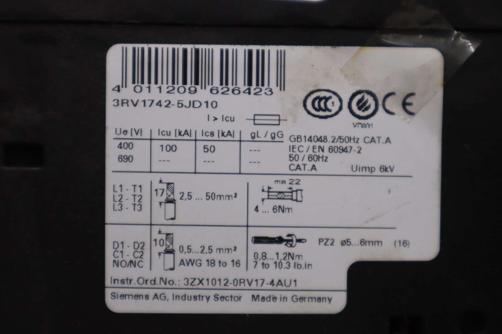 SIEMENS SIRIUS 3RV1742-5JD10 CAT.A 50/60Hz IEC/EN 60947-2 CIRCUIT BREAKER #5428
