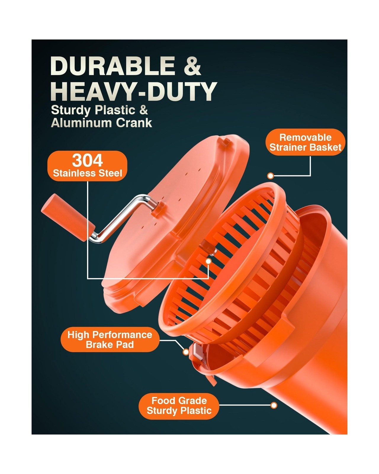 Salad Spinner, 2.5Gal Dryer w/ Alum Handle & Drain, 10Qt, for 3 Heads