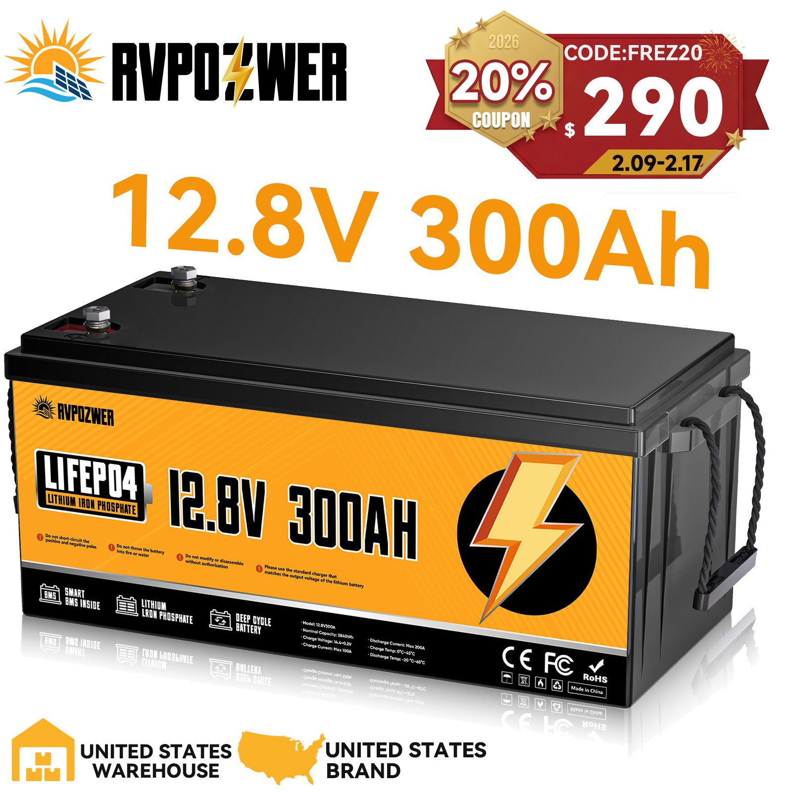 12V 300Ah LiFePO4 Lithium Battery 200A BMS for RV Home Marine Solar Off-grid RV