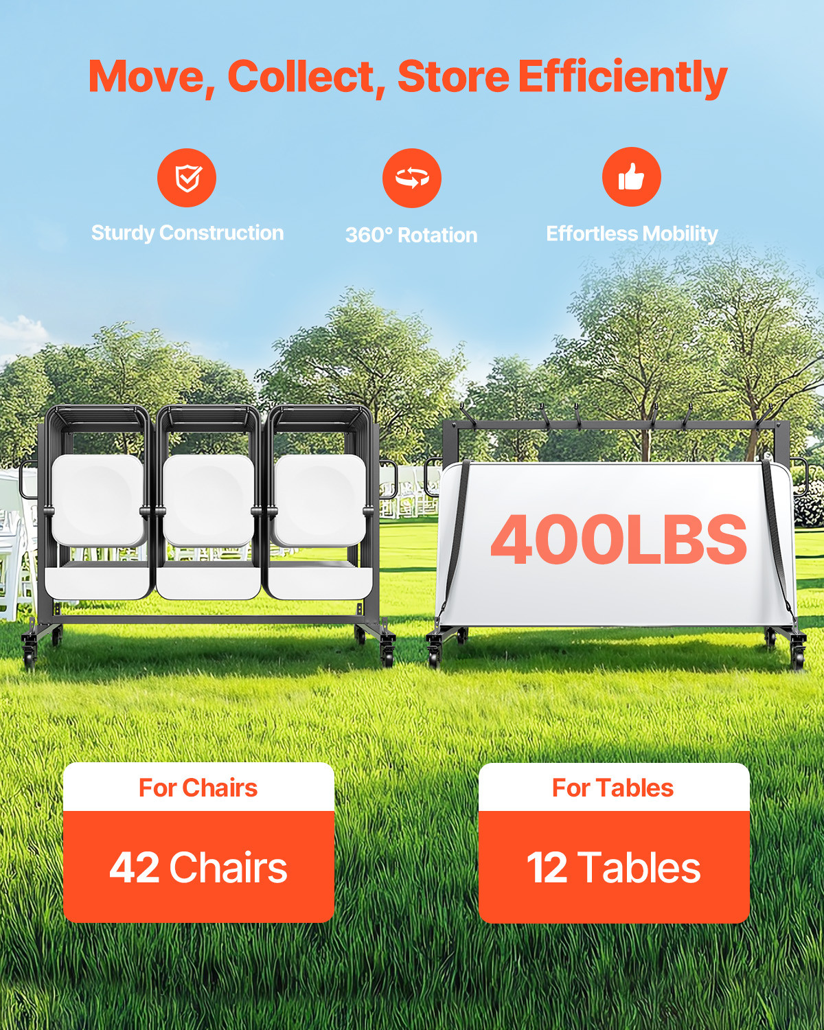 Folding Chair Rack Cart for 42 Chairs or 12 Tables of 400 LBS with Wheels