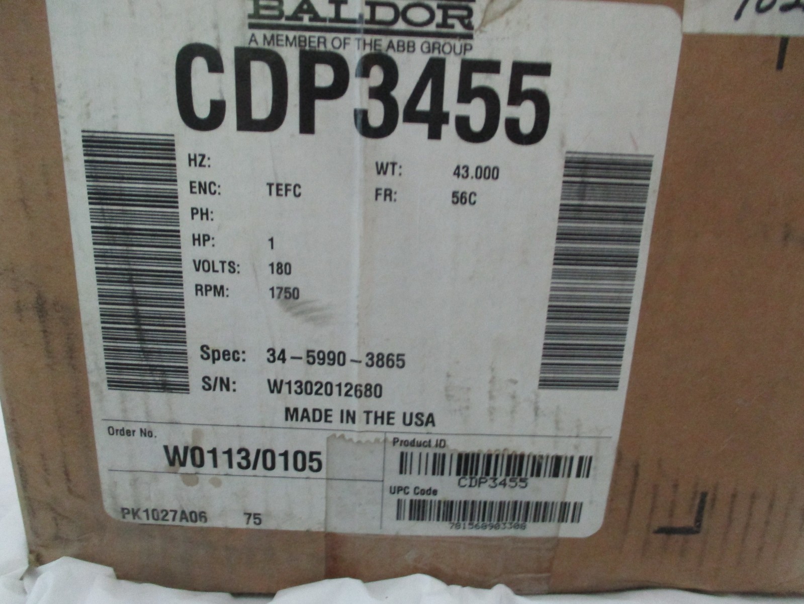 Baldor Reliance 1HP, 180V, 56C Frame, DC Electric Motor, CDP3455