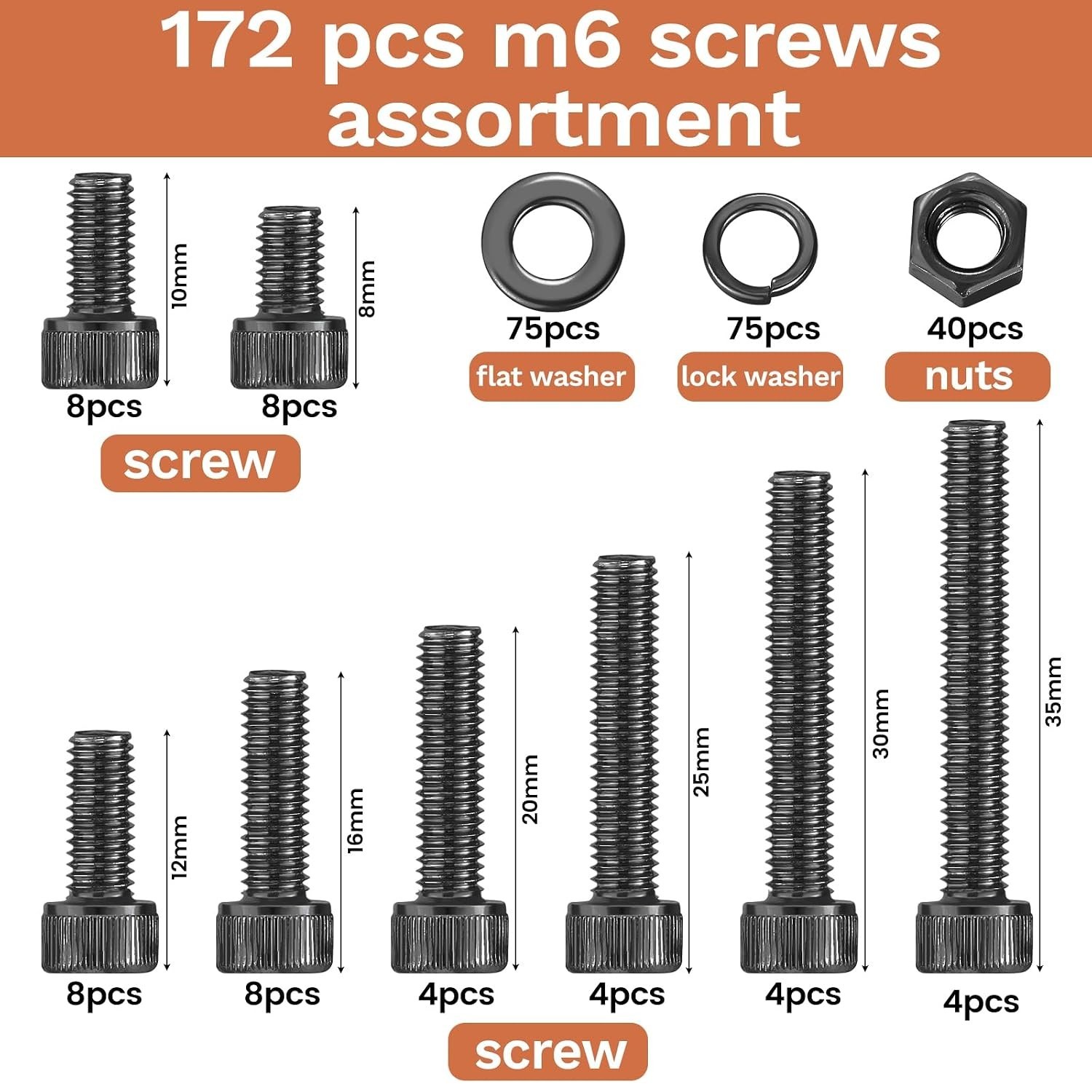 Complete 172-Pcs M6 Bolts Assortment: Black Zinc Plated Steel for Durability