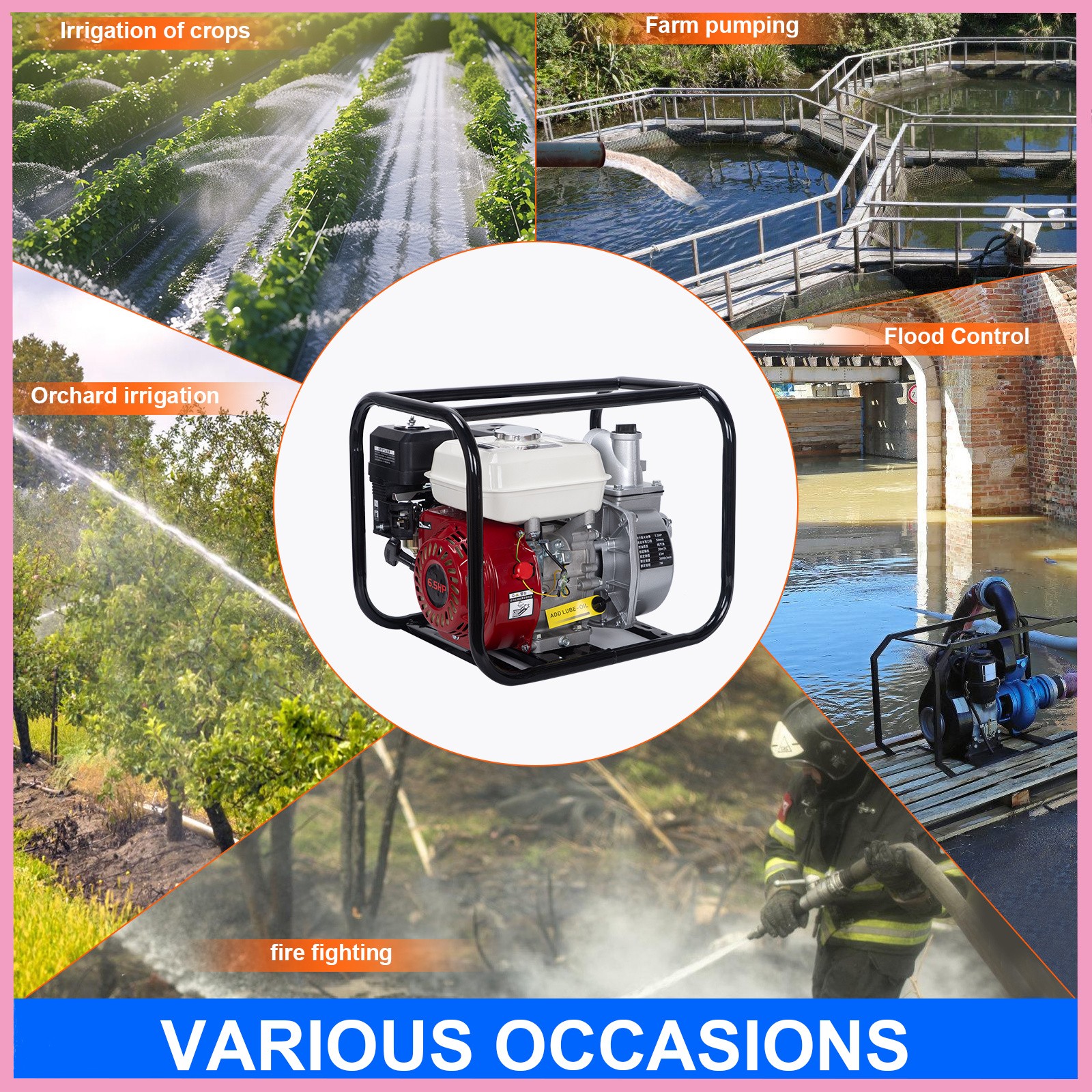 2″ 6.5 HP 4-Stroke Gasoline Semi-Trash Water Pump High-Pressure Transfer Pump