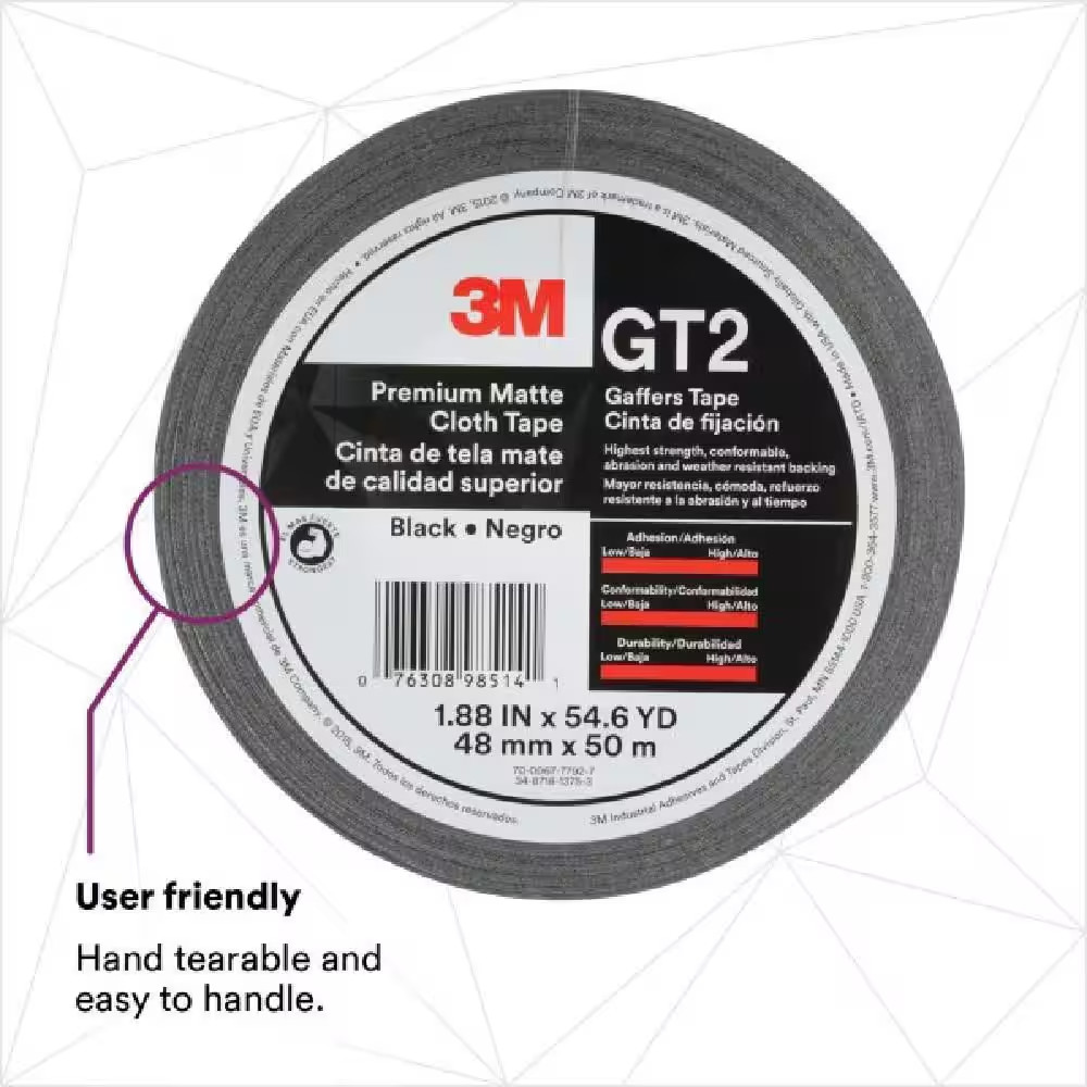 GT2 Premium Matte Cloth Black 1.88 In. X 164 Ft. Non-Reflective No-Residue Gaffe