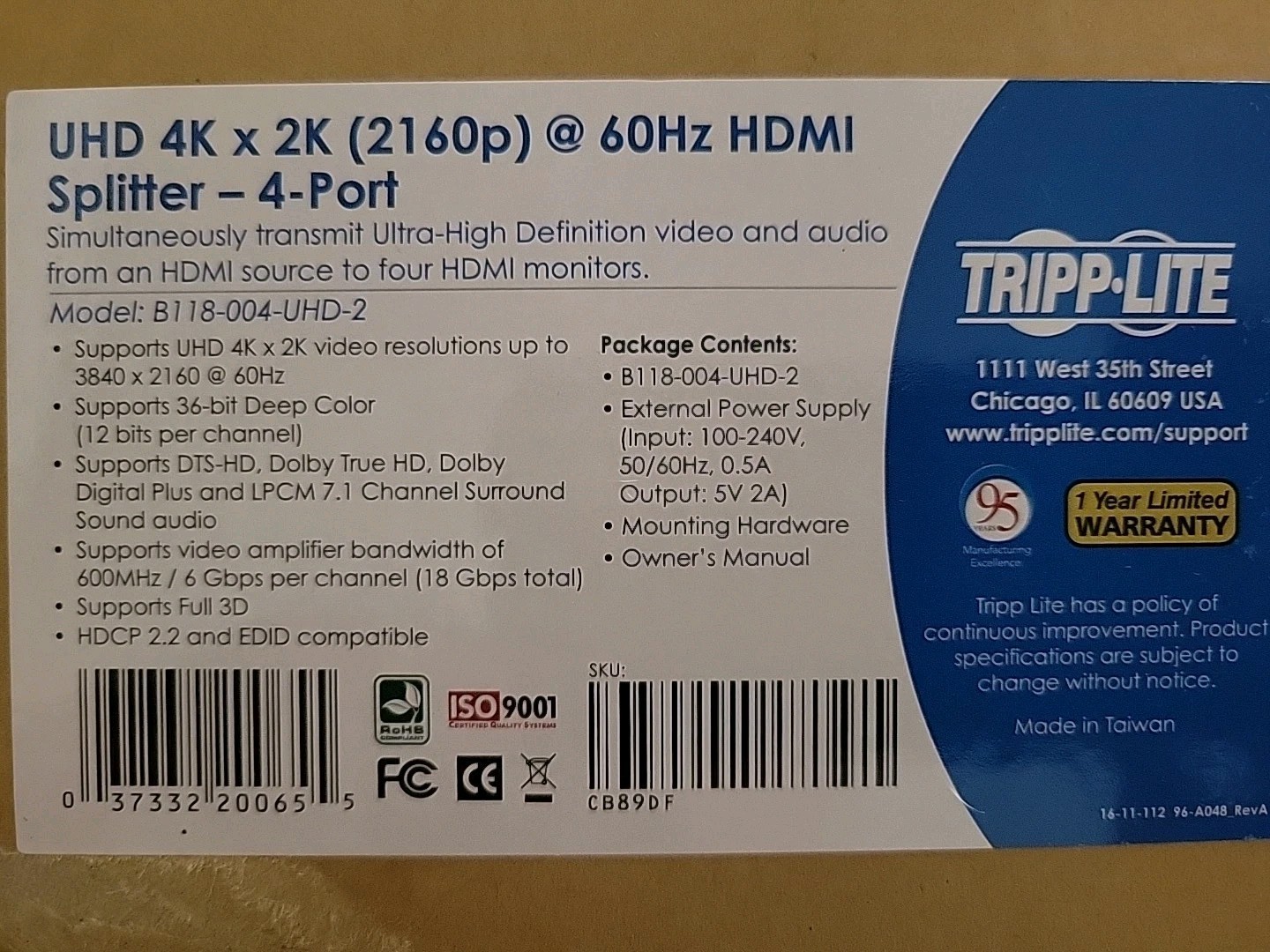 Tripp Lite 4-Port 3D HDMI Splitter HDCP 2.2 HDMI 2.0 4K x 2K 60Hz 3840 x 2160