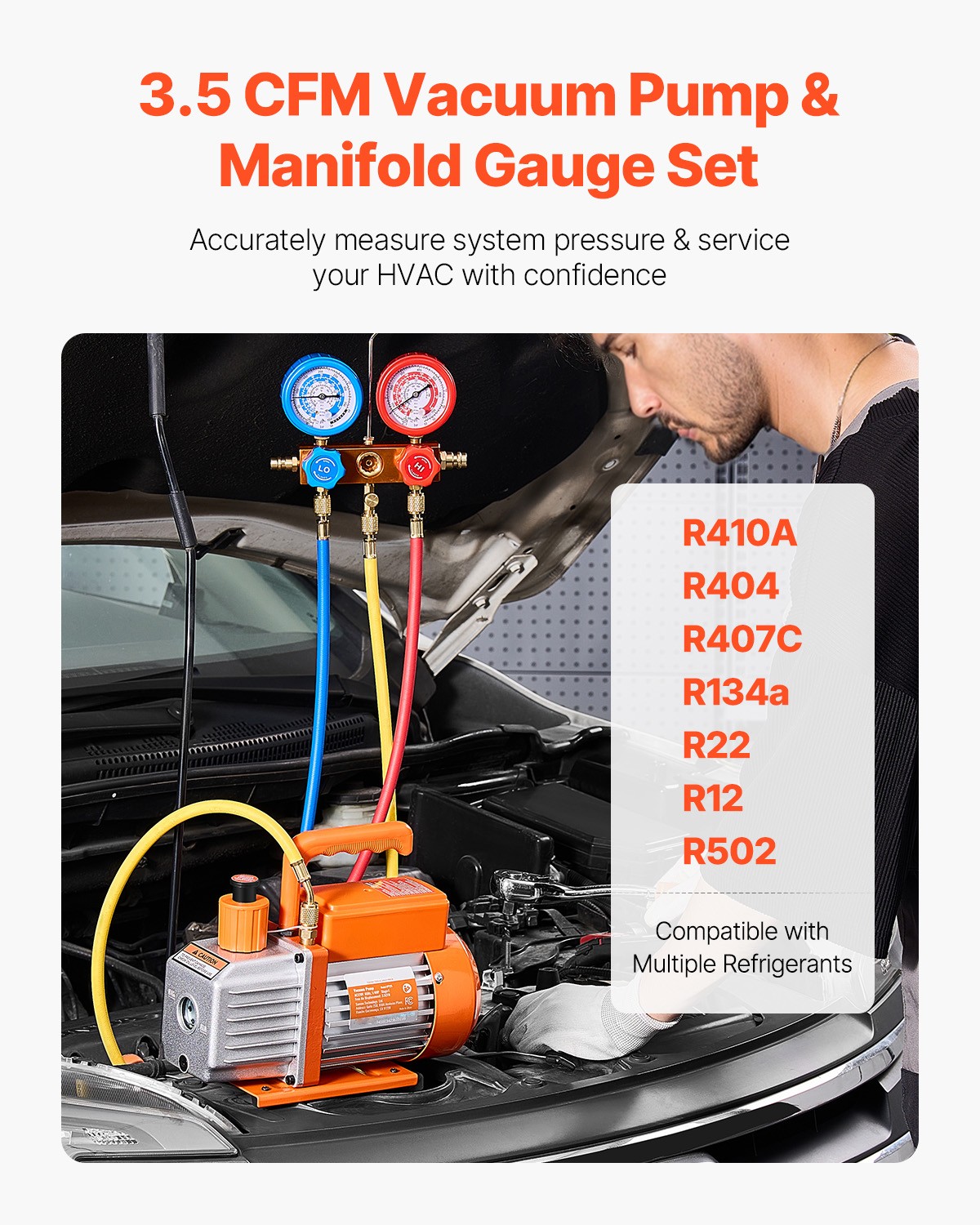 3.5 CFM HVAC Single Stage Rotary Vane Vacuum Pump and Manifold Gauge Kit