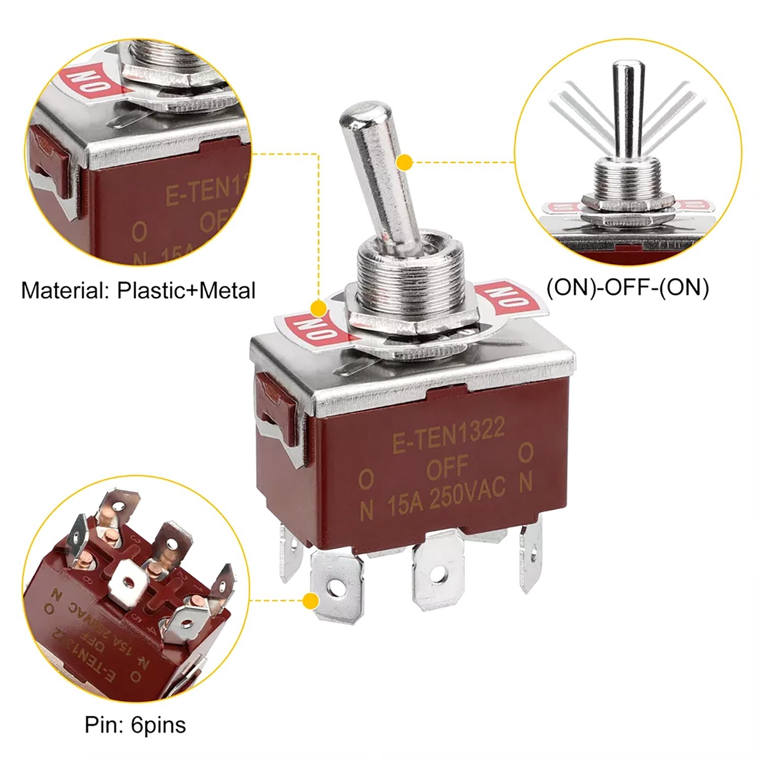 3PCS Heavy Duty DPDT ON/OFF/ON Toggle Switch 20A 125V/15A 250V Screw Terminals