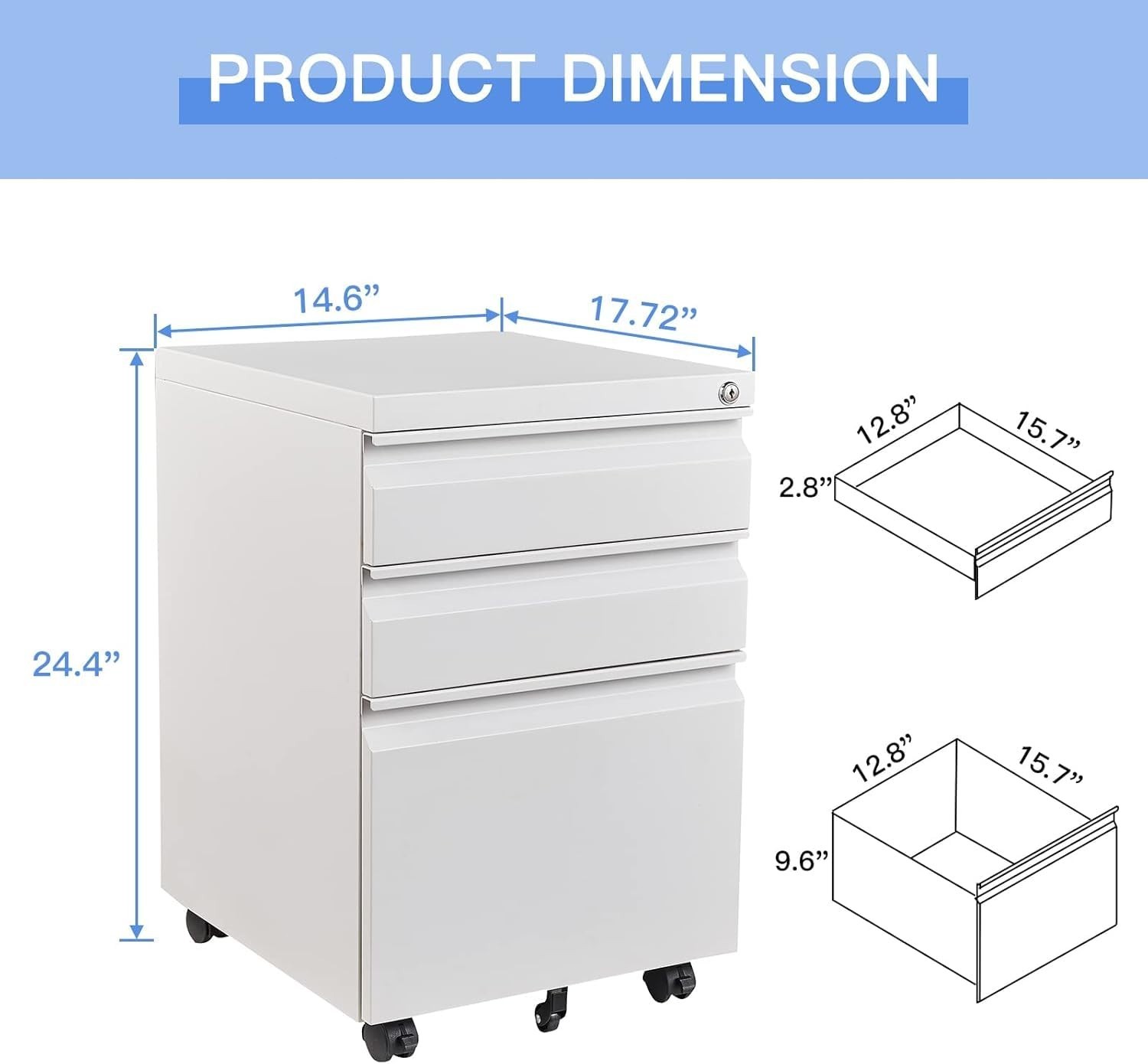 Metal Office Rollin Filing Cabinet Deep Drawers File Storage Cabinet on Wheels