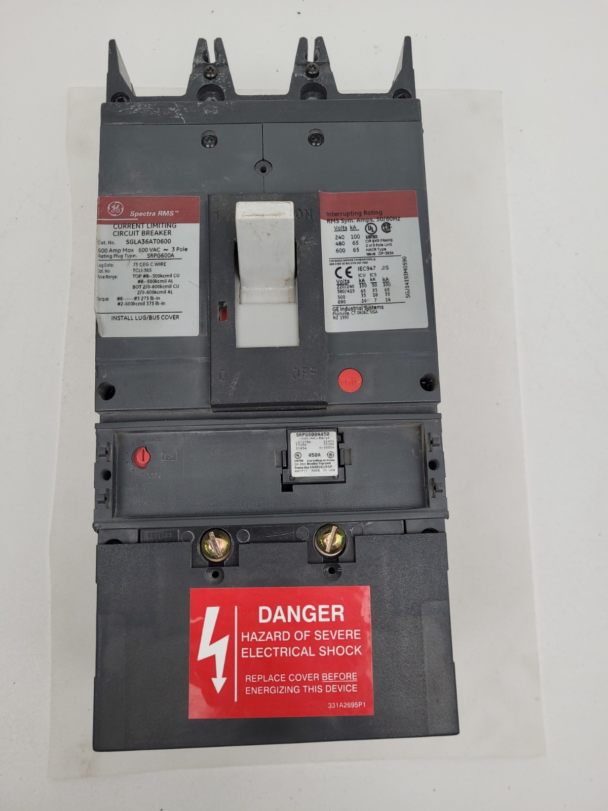 SGLA36AT0600 GE 600 Amp Max Circuit Breaker w/450A SRPG600A450 Plug