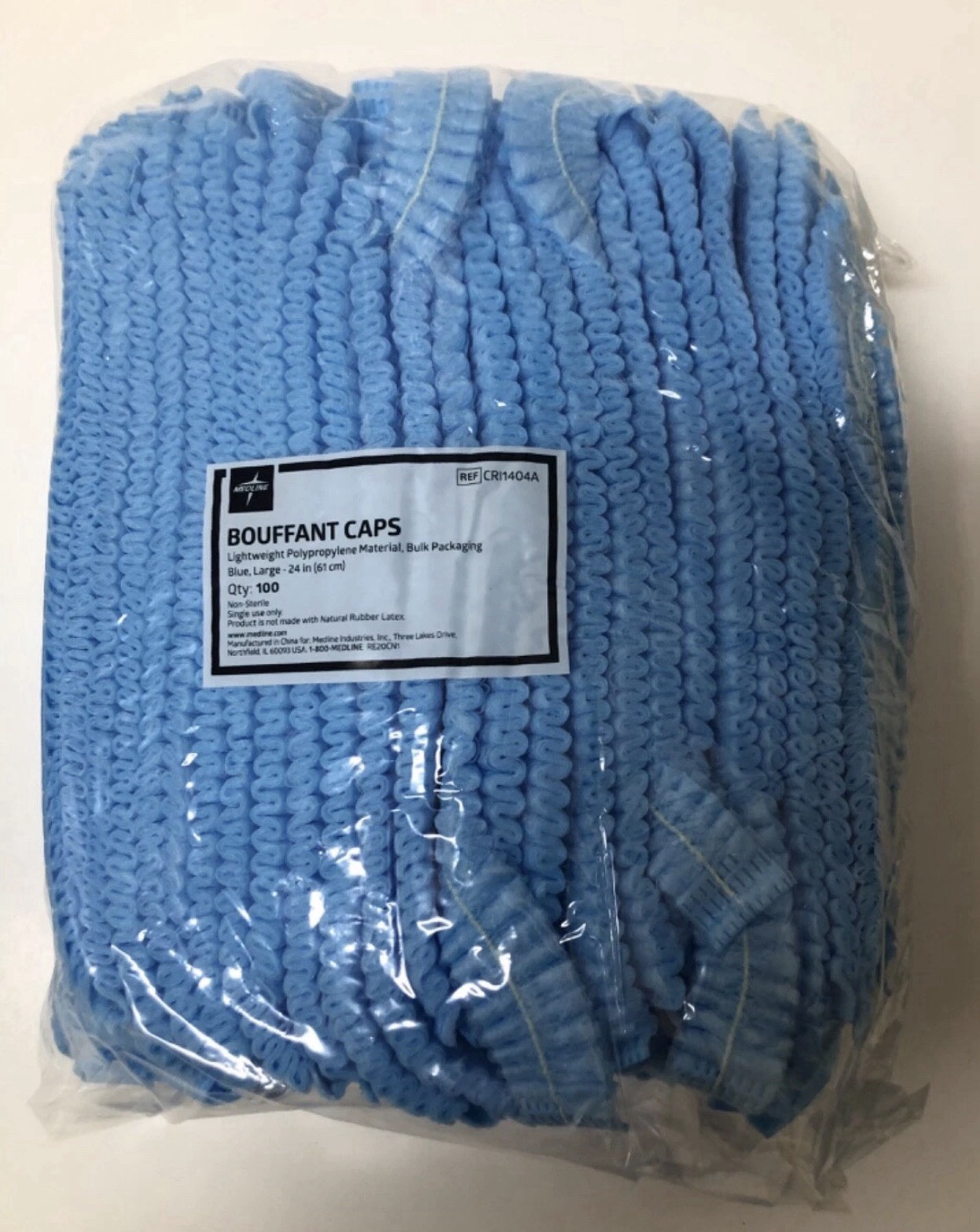 100 Count – Medline 24″ Blue Bouffant Cap Non Woven Disposable Hairnet Large