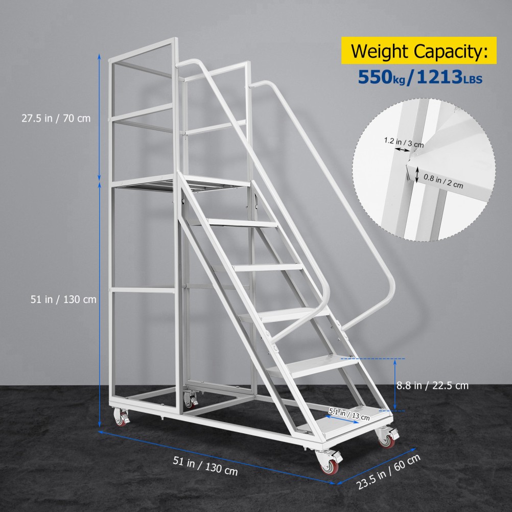6 Step Rolling Warehouse Step Ladder, Movable Platform Ladder with Locking Wheel