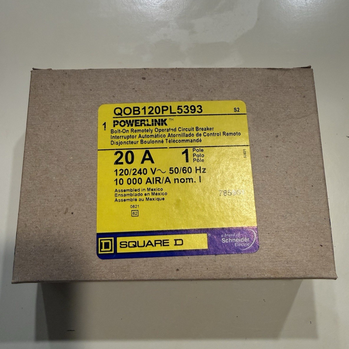 Square D QOB120PL5393 20A 1-Pole 120/240V Bolt-On Remote Circuit Breaker