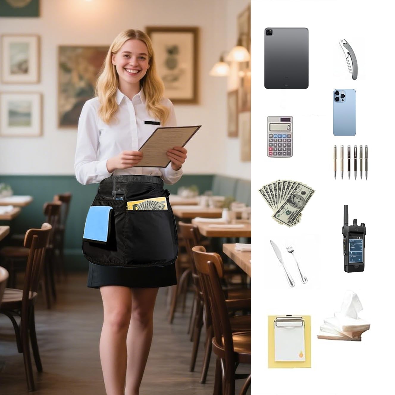 2× Server Apron with 5 Pockets Half Waitress Apron Women Men Waitress Tool Bag