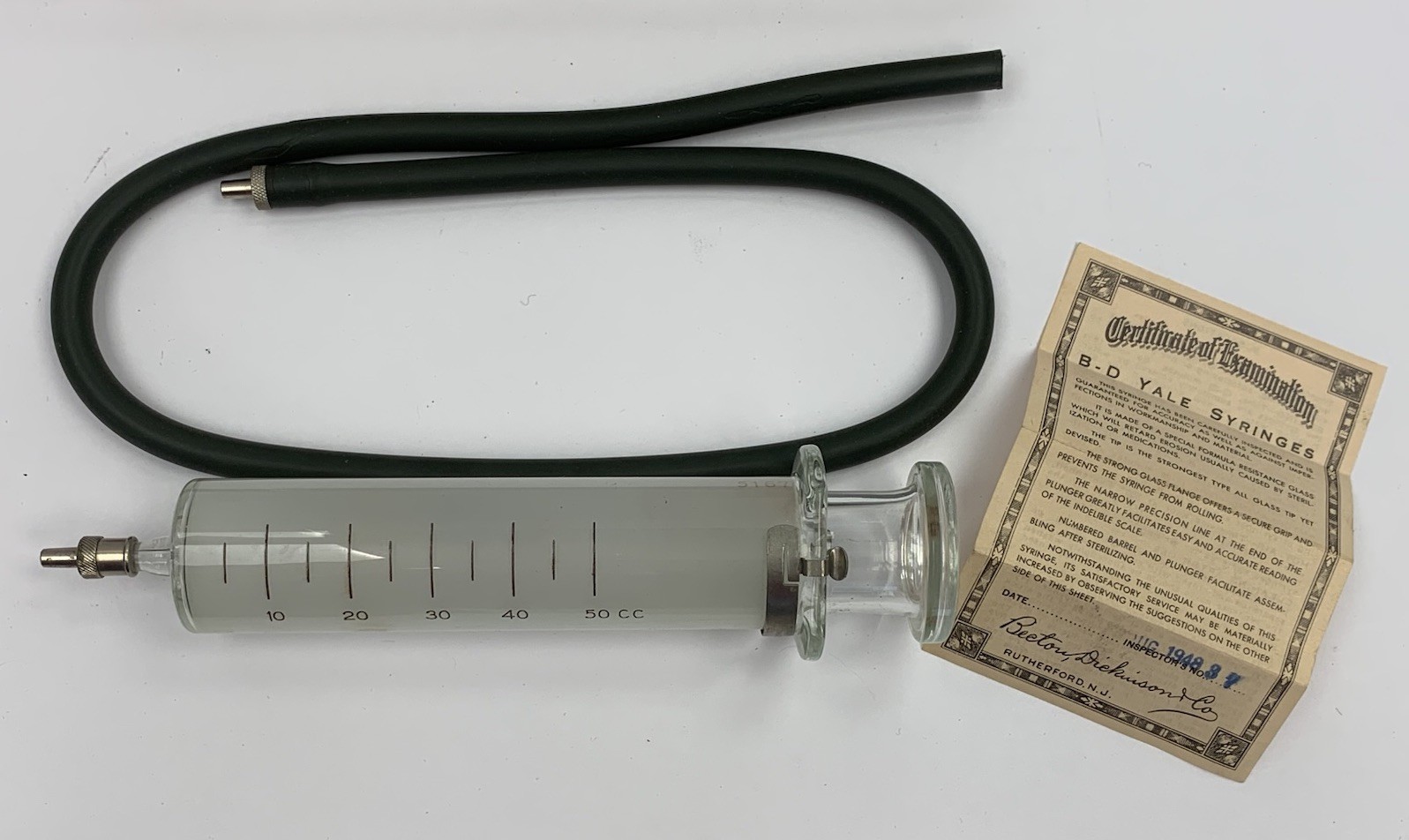 Vintage 1948 Becton Dickinson & Co B-D Yale 50cc Glass Syringe + Medical Sutures