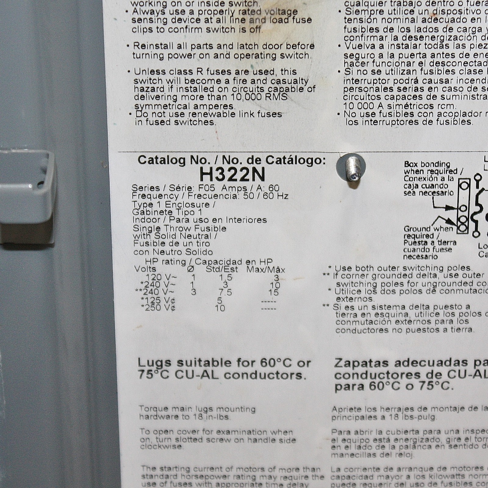 Square D Fusible Disconnect Safety Switch H322N, 240V AC, 3PH, 60A, Heavy Duty